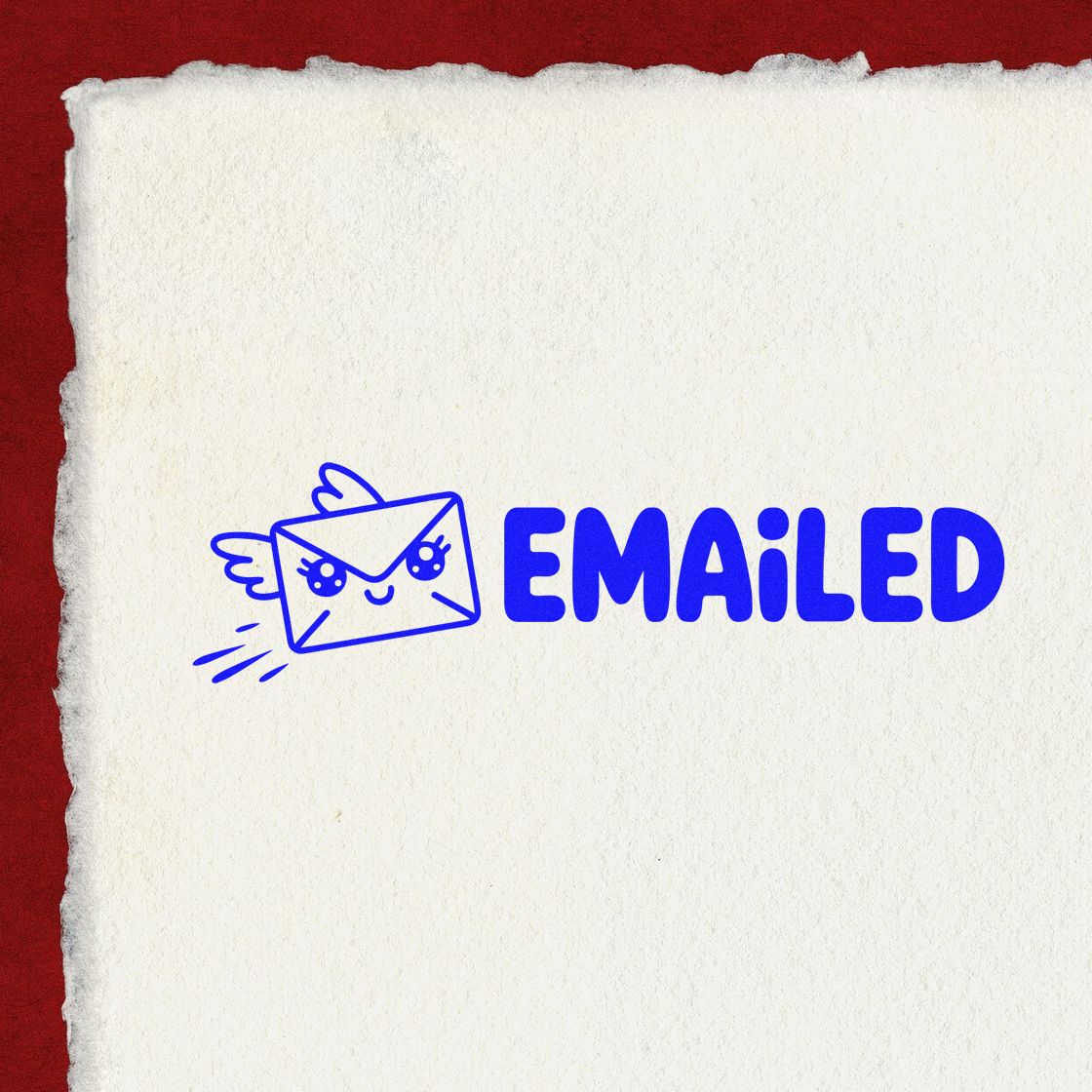 Blue emailed rubber stamp with cute flying envelope icon, marking sent mail on textured paper