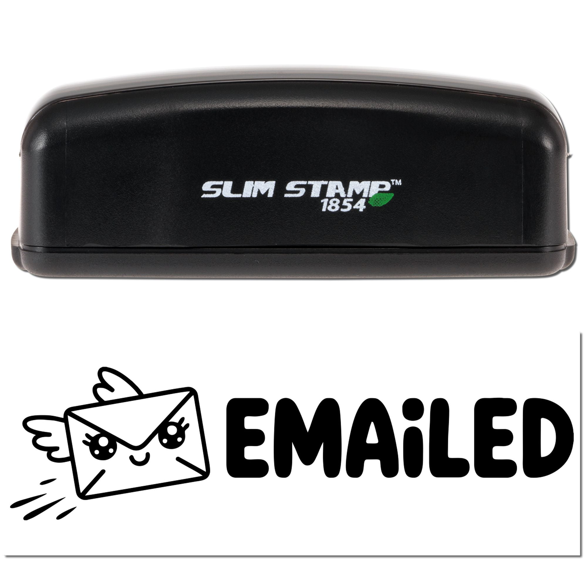 Slim Stamp 1854 self-inking rubber stamp with EMAILED imprint and envelope graphic for office mail processing.