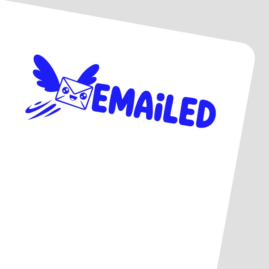 Blue Emailed rubber stamp with flying envelope icon for marking documents sent by email.