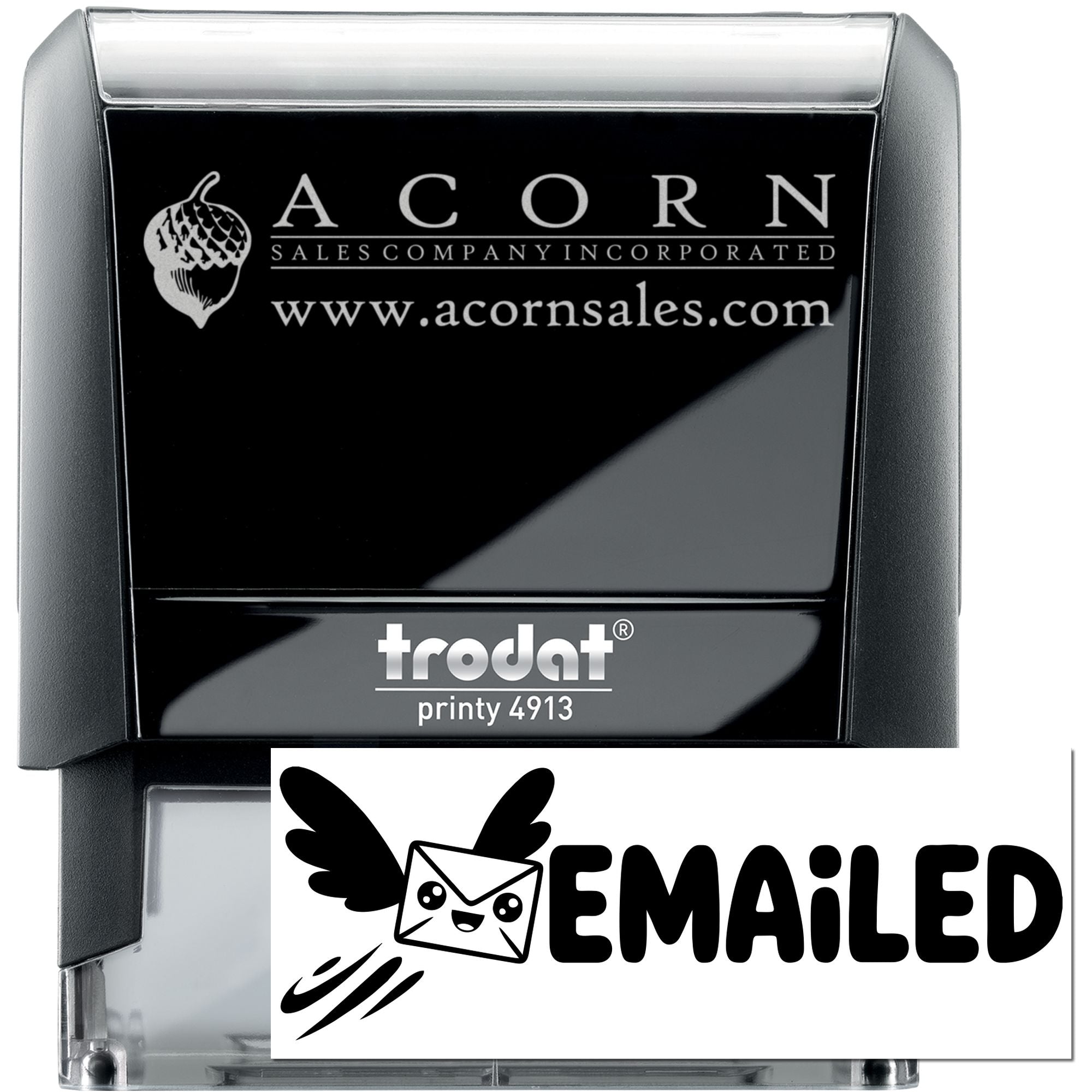 Custom self-inking rubber stamp for Acorn Sales Company, Trodat Printy 4913 with logo and website imprint.