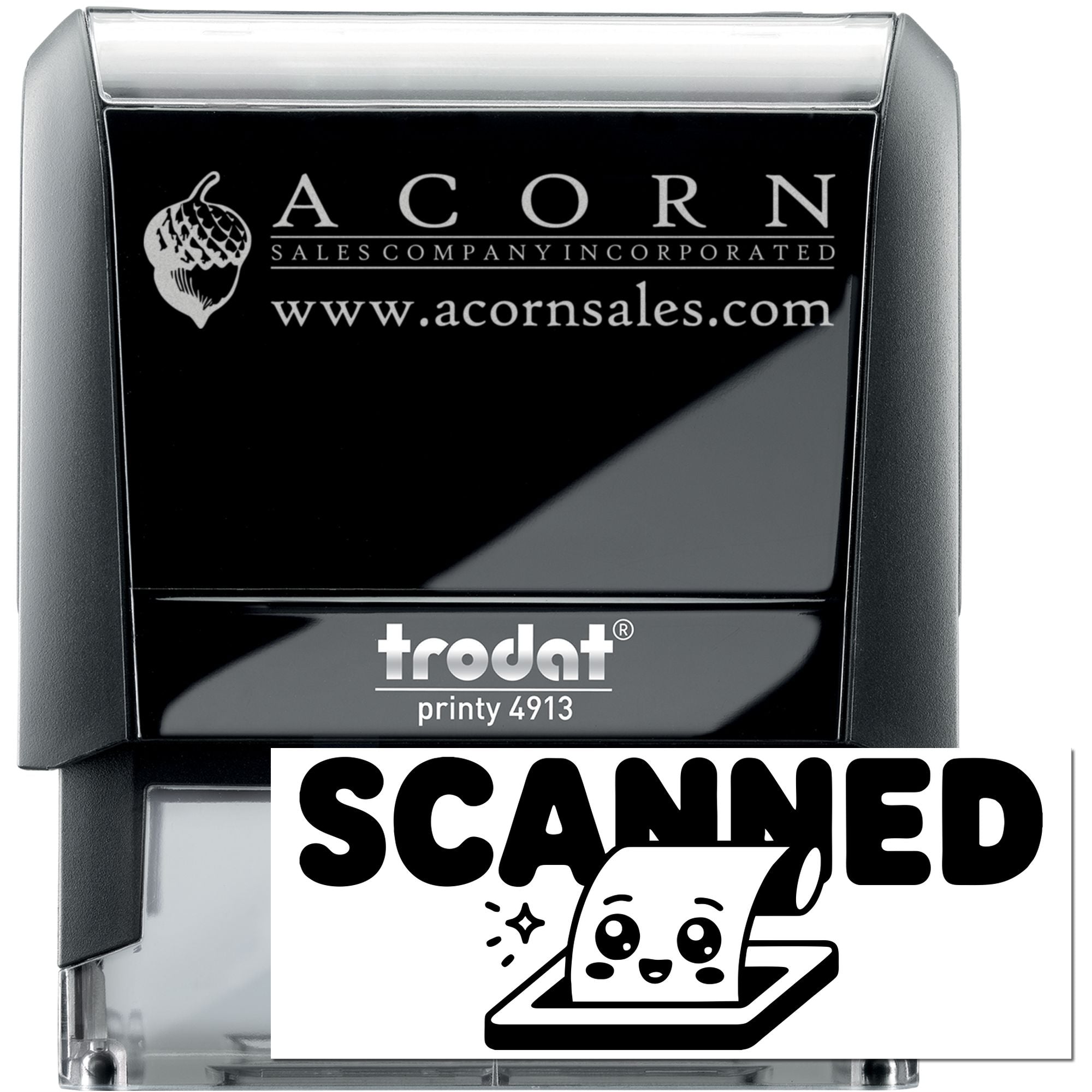 Custom Trodat Printy 4913 self-inking rubber stamp with Acorn Sales Company logo and website, scanned image of stamp impression