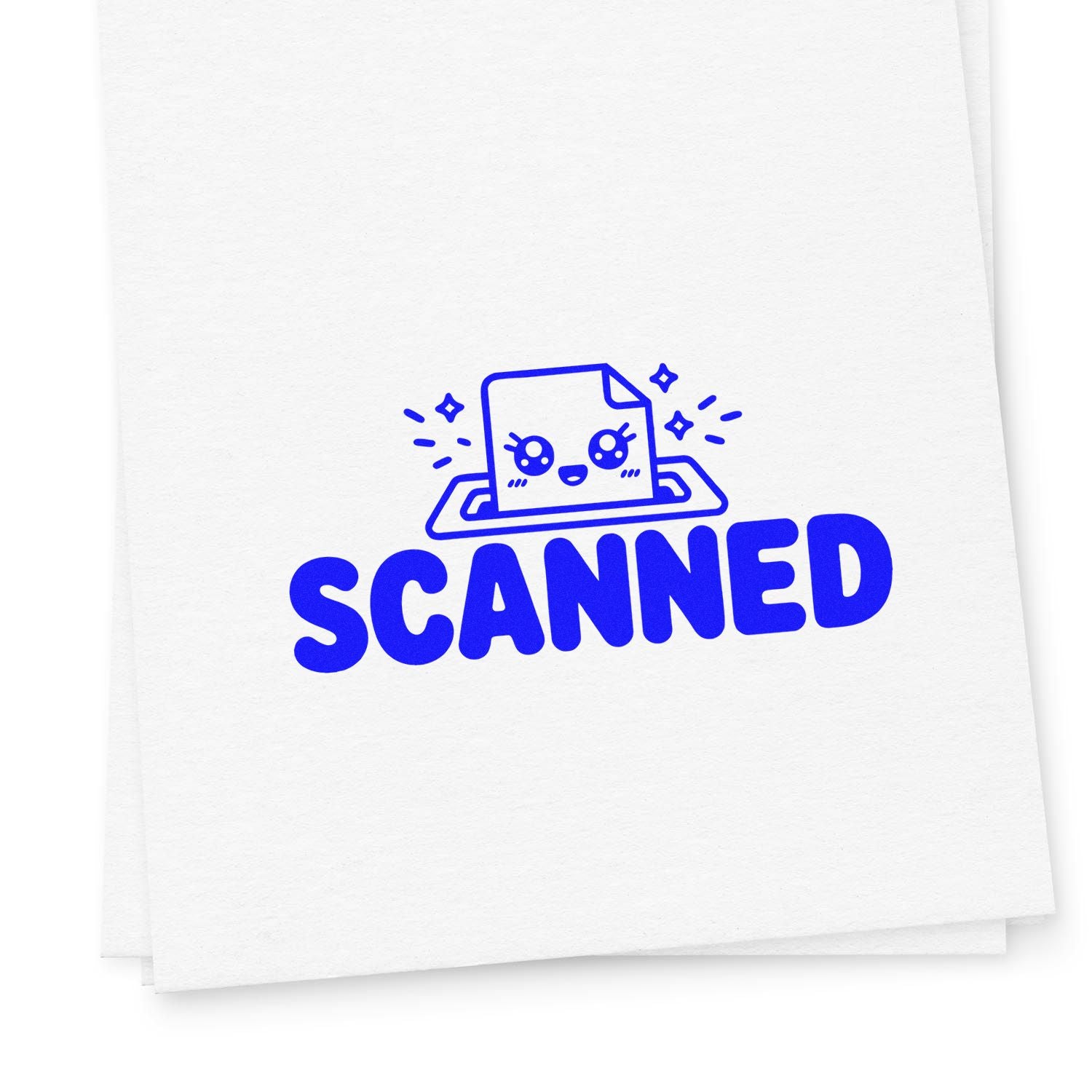Blue scanned rubber stamp with cute document icon on paper, ideal for office, receipt, and shipping labels.