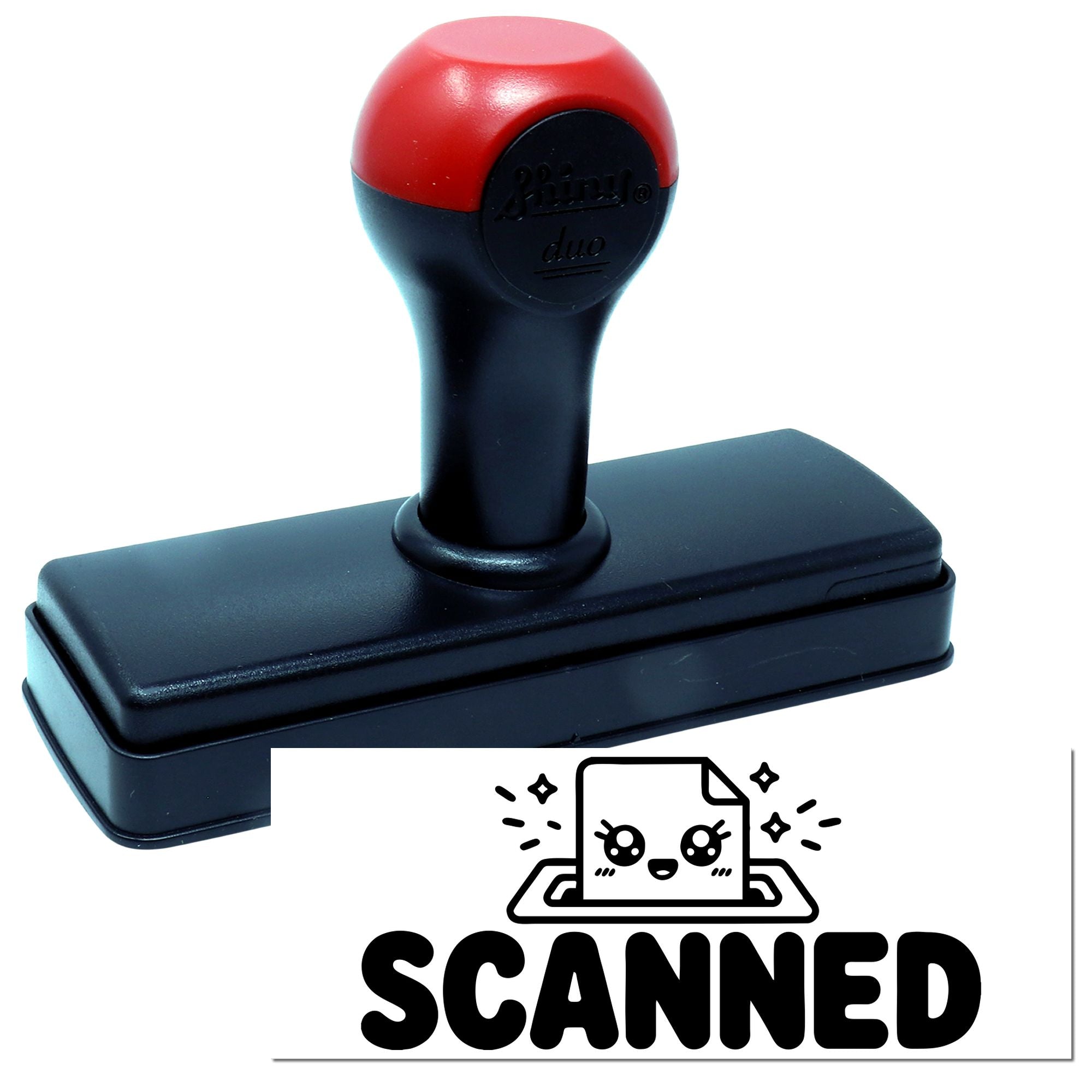 Self-inking rubber stamp with SCANNED imprint for office document processing and mailroom labeling.