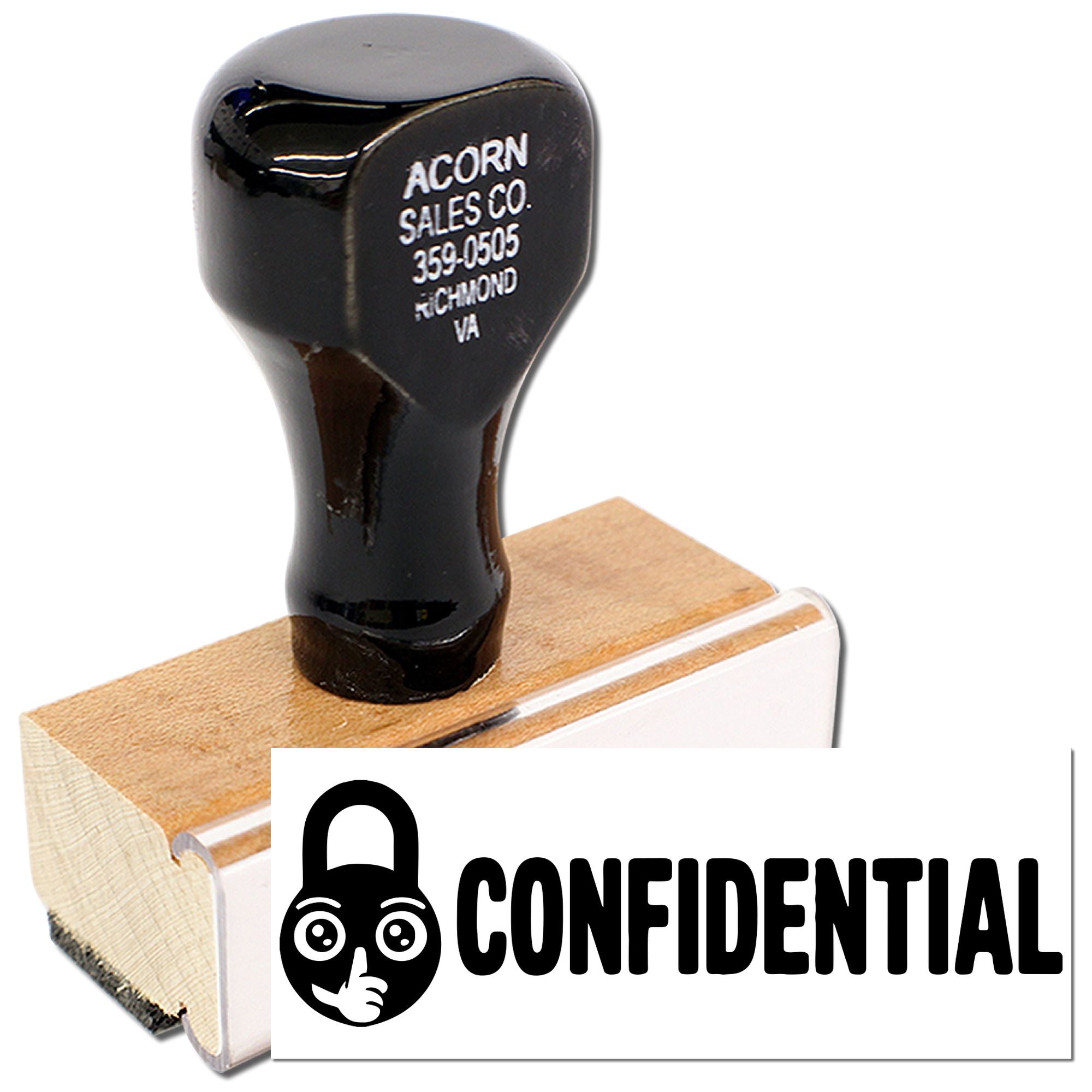 Custom Confidential rubber stamp for marking secure documents, featuring Acorn Sales Co. wood handle stamp.