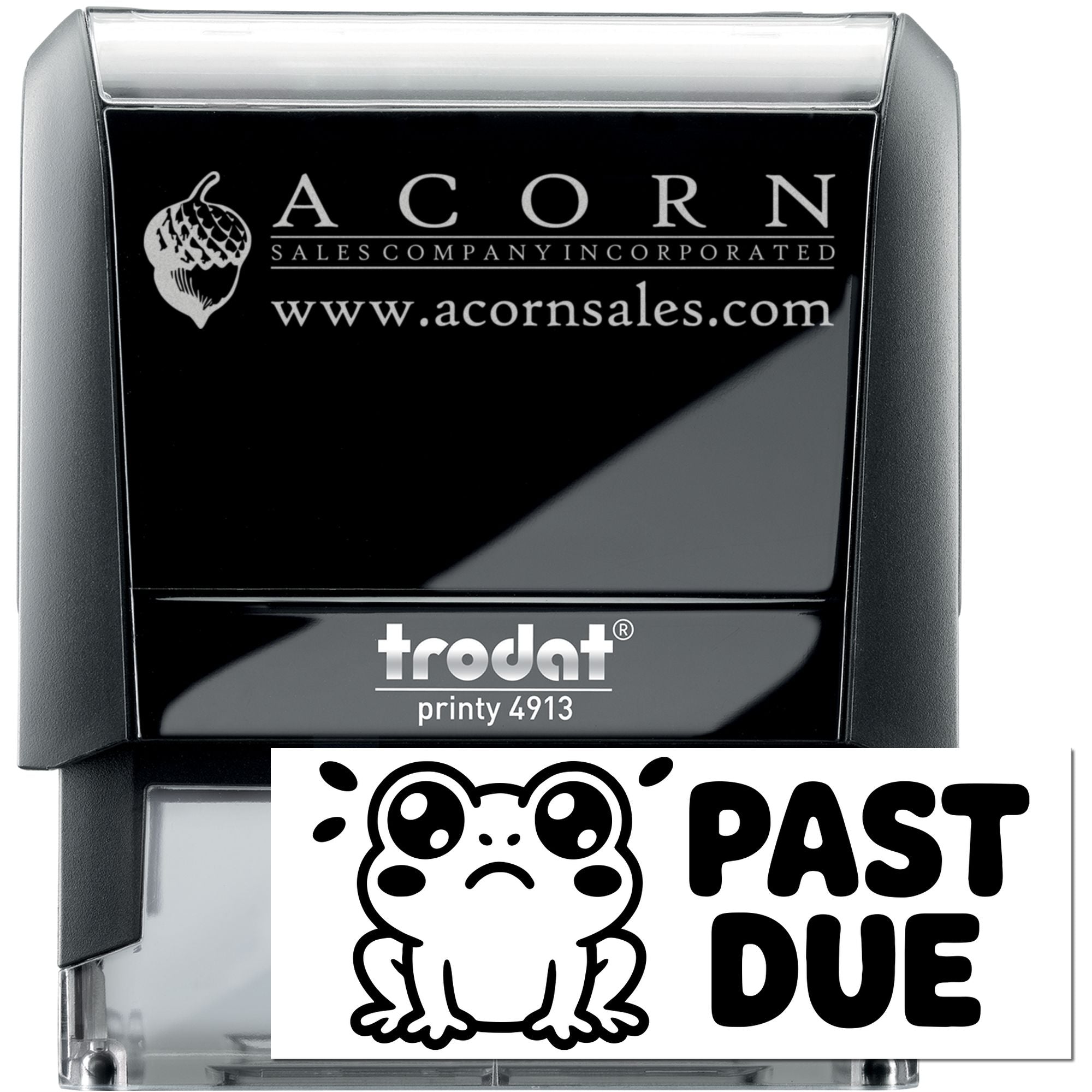 Trodat Printy self-inking custom rubber stamp with Acorn Sales logo and Past Due design for business branding and office use