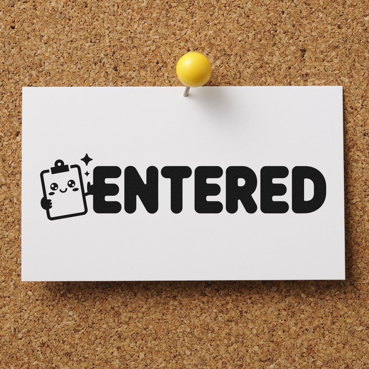 Entered rubber stamp design pinned to corkboard for office filing, document approval, and recordkeeping.