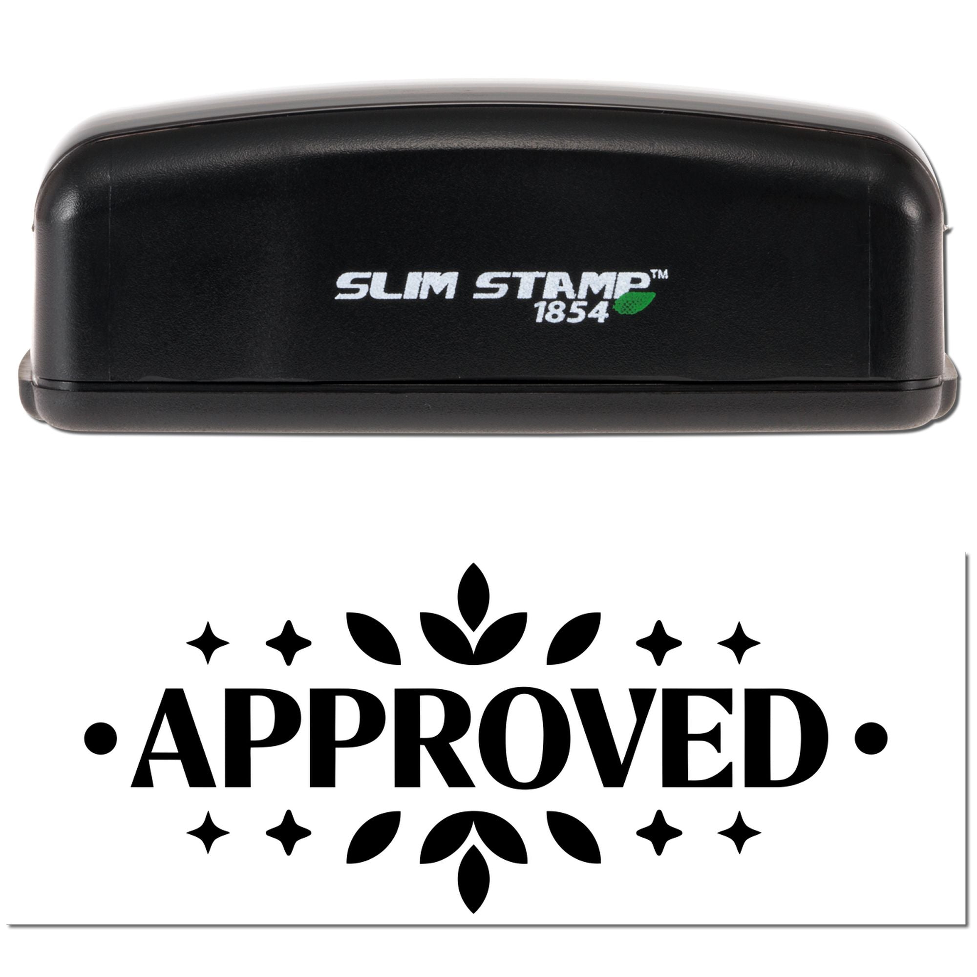 Slim Stamp 1854 self-inking rubber stamp with bold APPROVED imprint for office approvals and document marking.