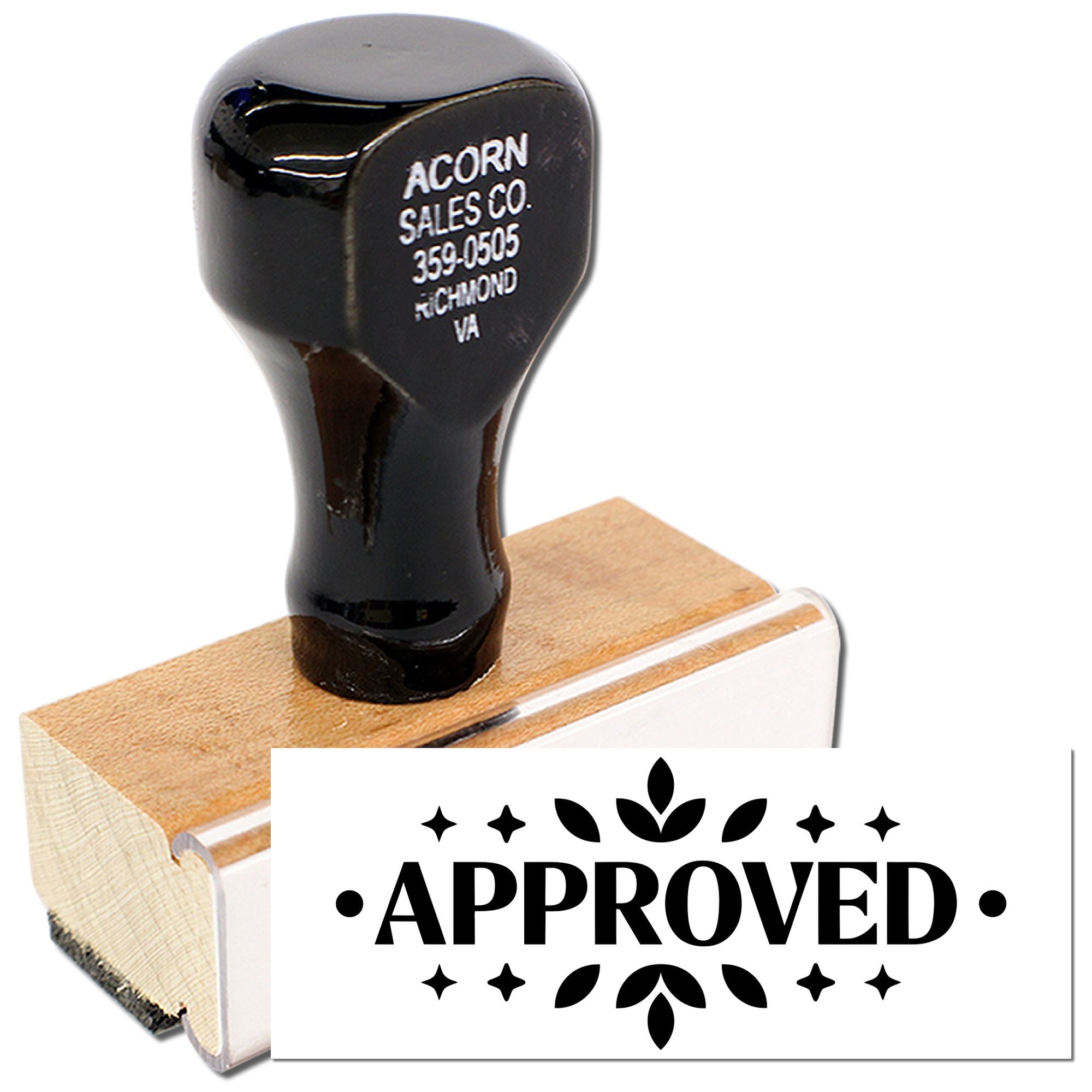 Wood-mounted approved rubber stamp for office document approval and branding