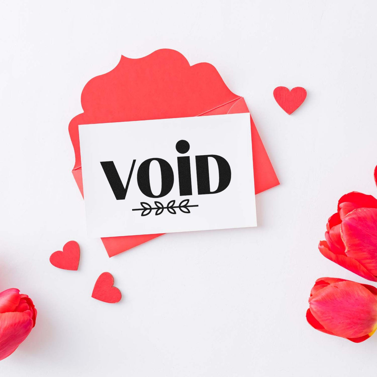Valentines Day rubber stamp design with a bold void message card, red hearts, and floral accents.