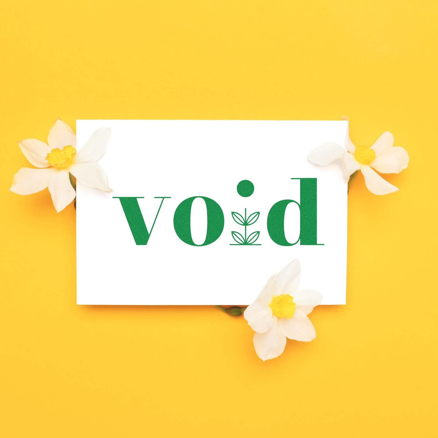 Custom void rubber stamp design with botanical lettering on a white card, styled with flowers on a yellow background.