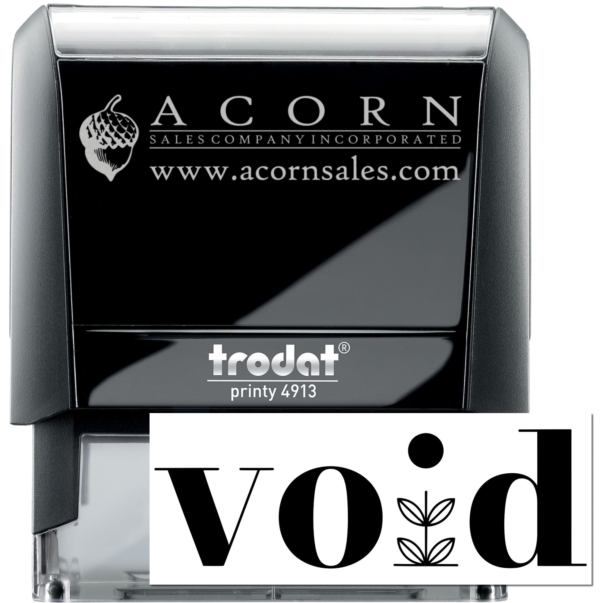 Custom self-inking rubber stamp, Trodat Printy 4913, with Acorn Sales Company logo and website plus VOID imprint sample