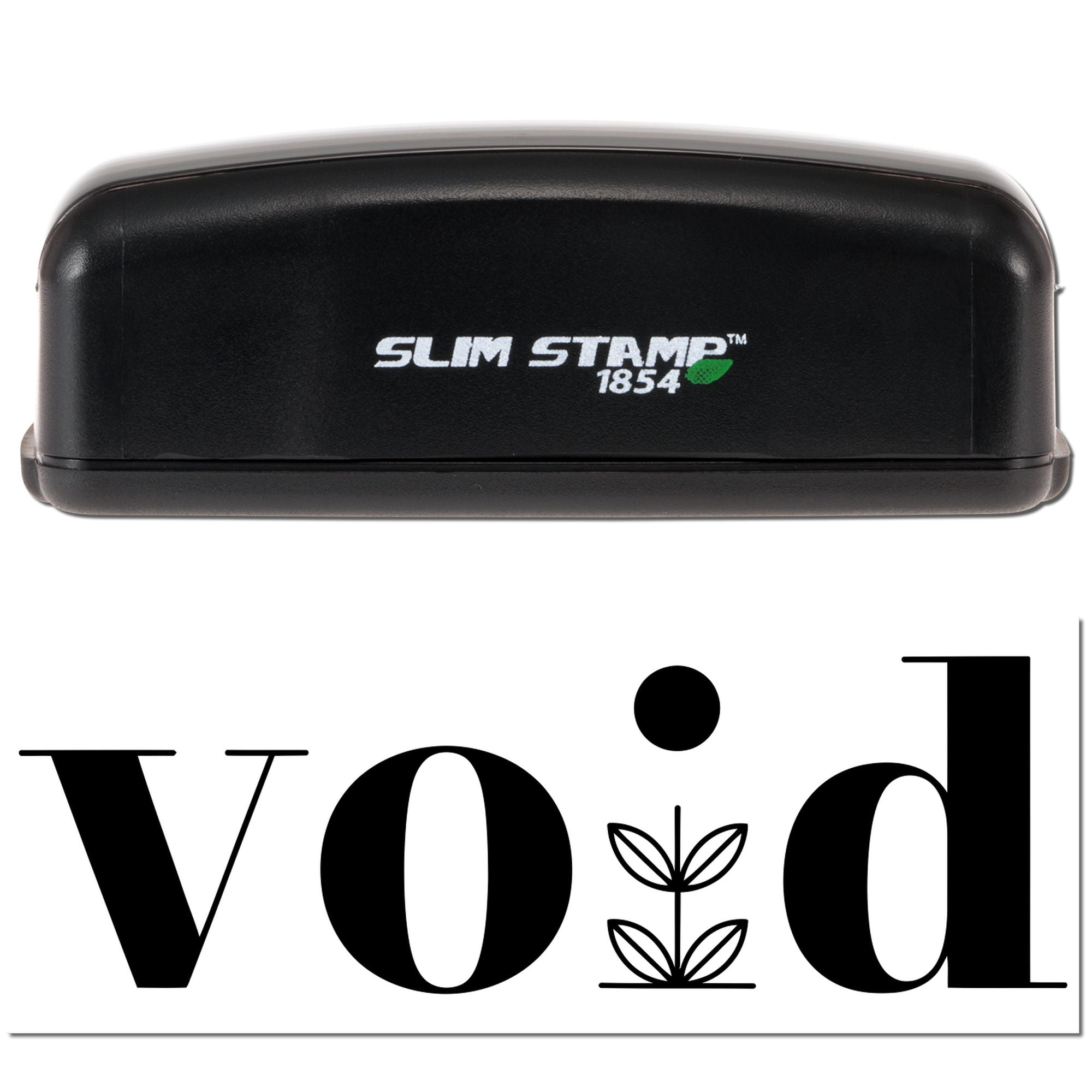 Slim Stamp 1854 self-inking rubber stamp with custom vod logo and leaf icon for branded business impressions.