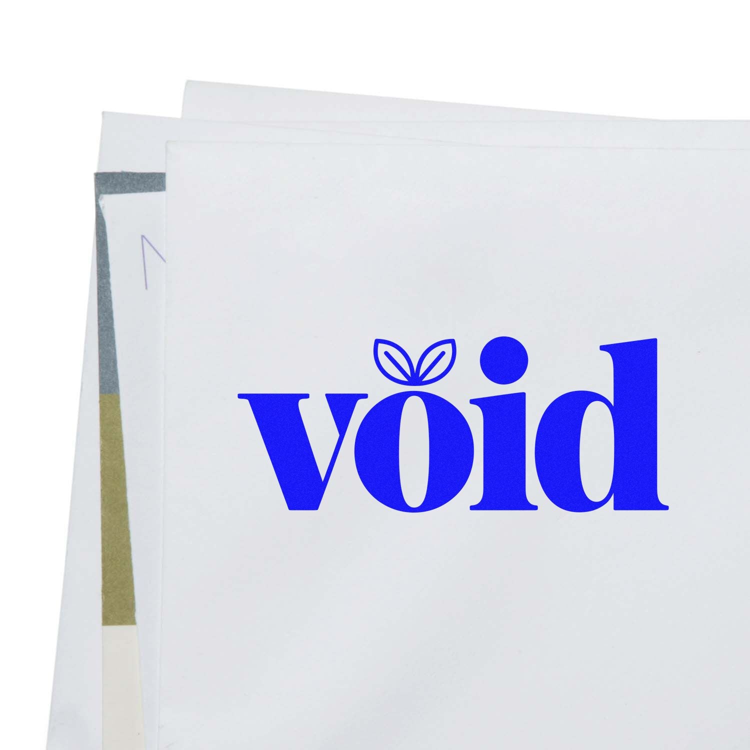 Blue VOID rubber stamp on stacked documents for canceling forms and marking records invalid.