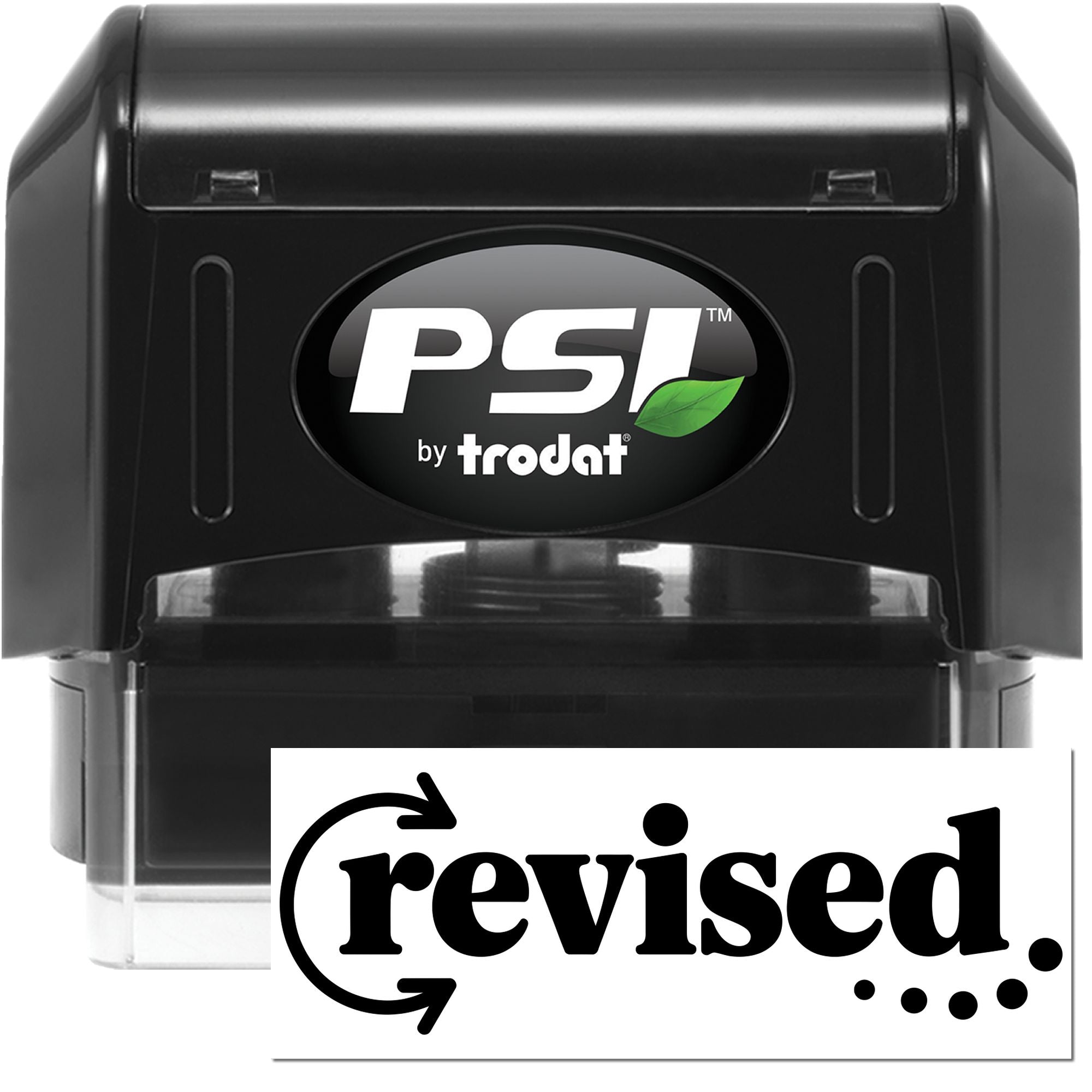 PSI by Trodat self-inking rubber stamp with revised imprint for marking updated office documents.