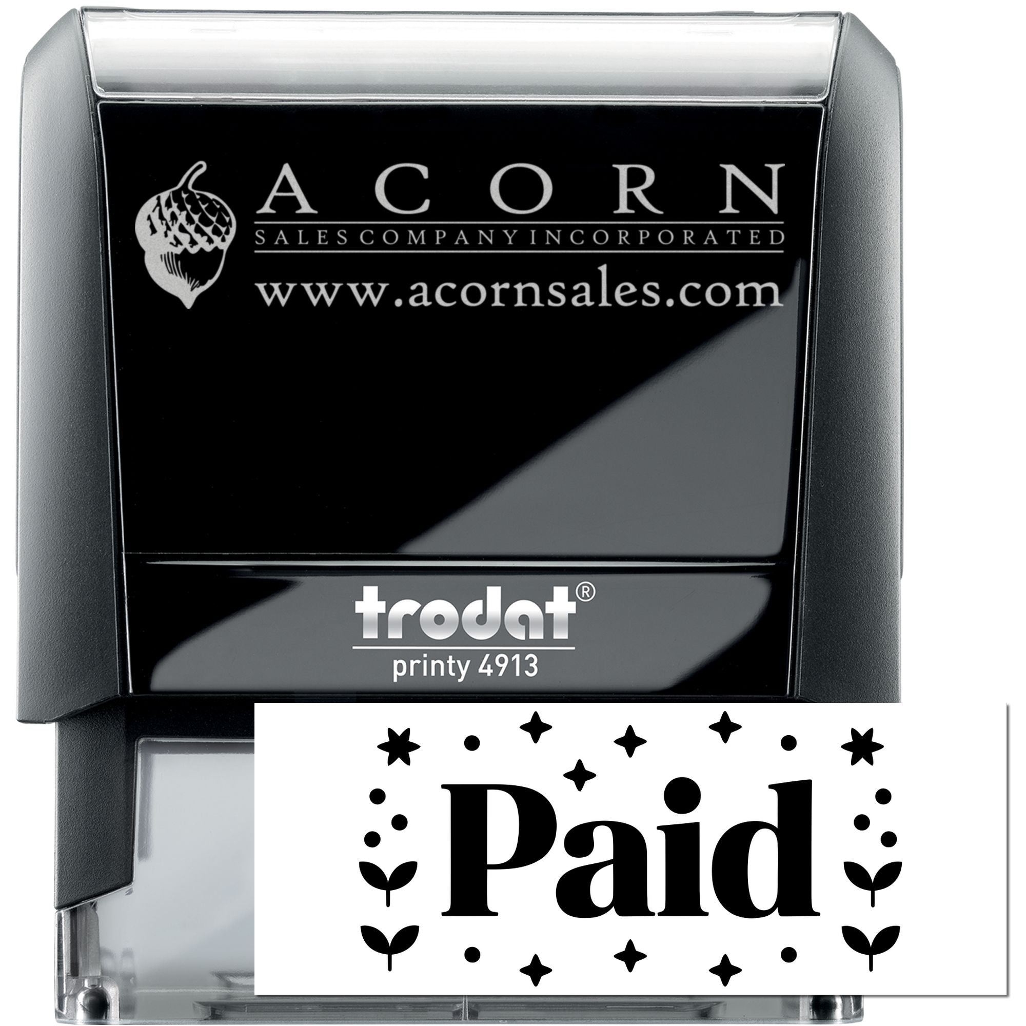 Custom self-inking rubber stamp Trodat Printy 4913 with Acorn Sales logo and Paid imprint for office invoicing.