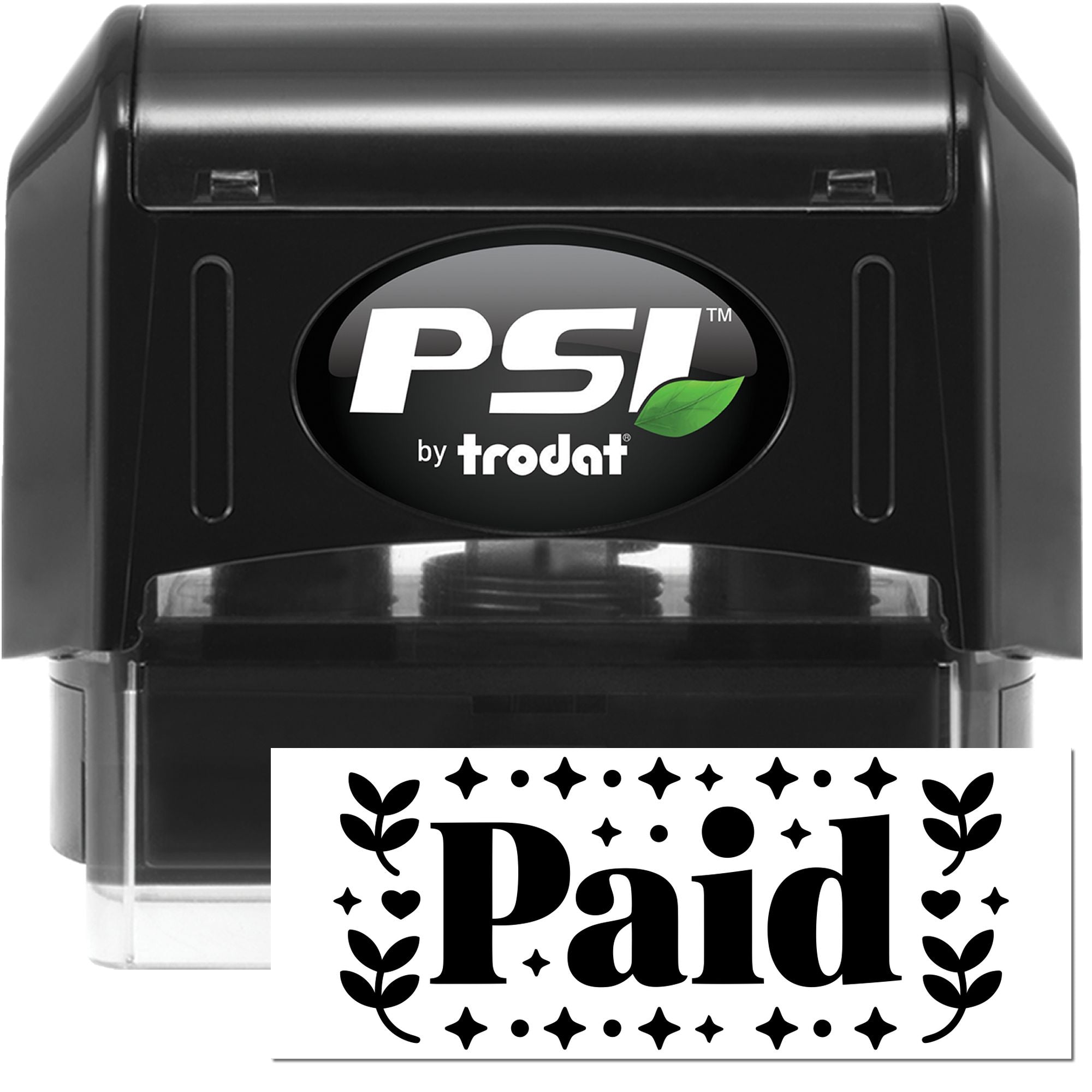 PSI by Trodat self-inking rubber stamp with Paid imprint for office invoices, receipts, and bookkeeping.