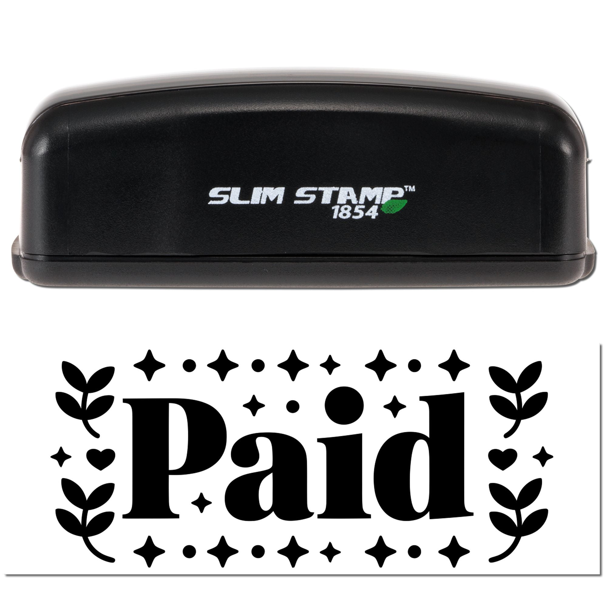 Slim Stamp 1854 rubber stamp with Paid design, decorative leaves, hearts and stars for business documents.