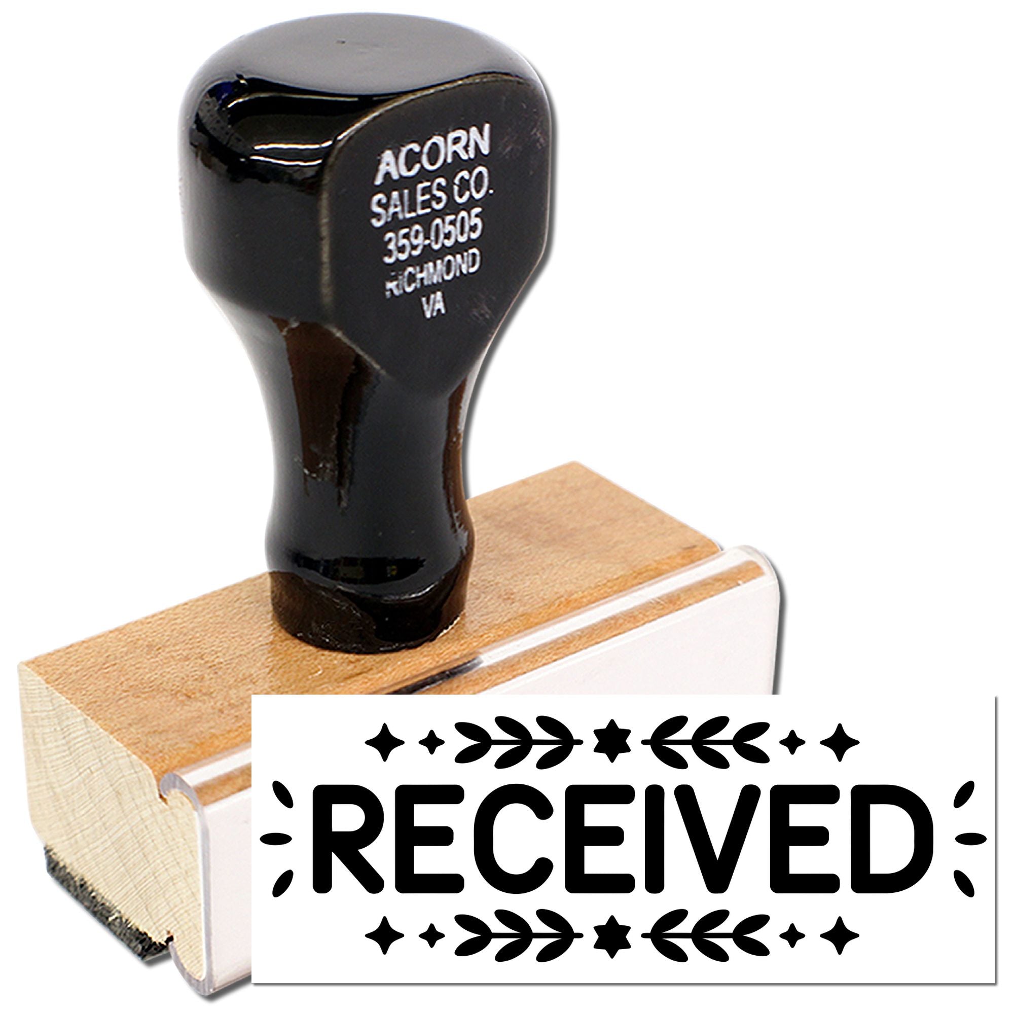Custom wooden rubber stamp with RECEIVED imprint for office mail, inventory, and document processing.