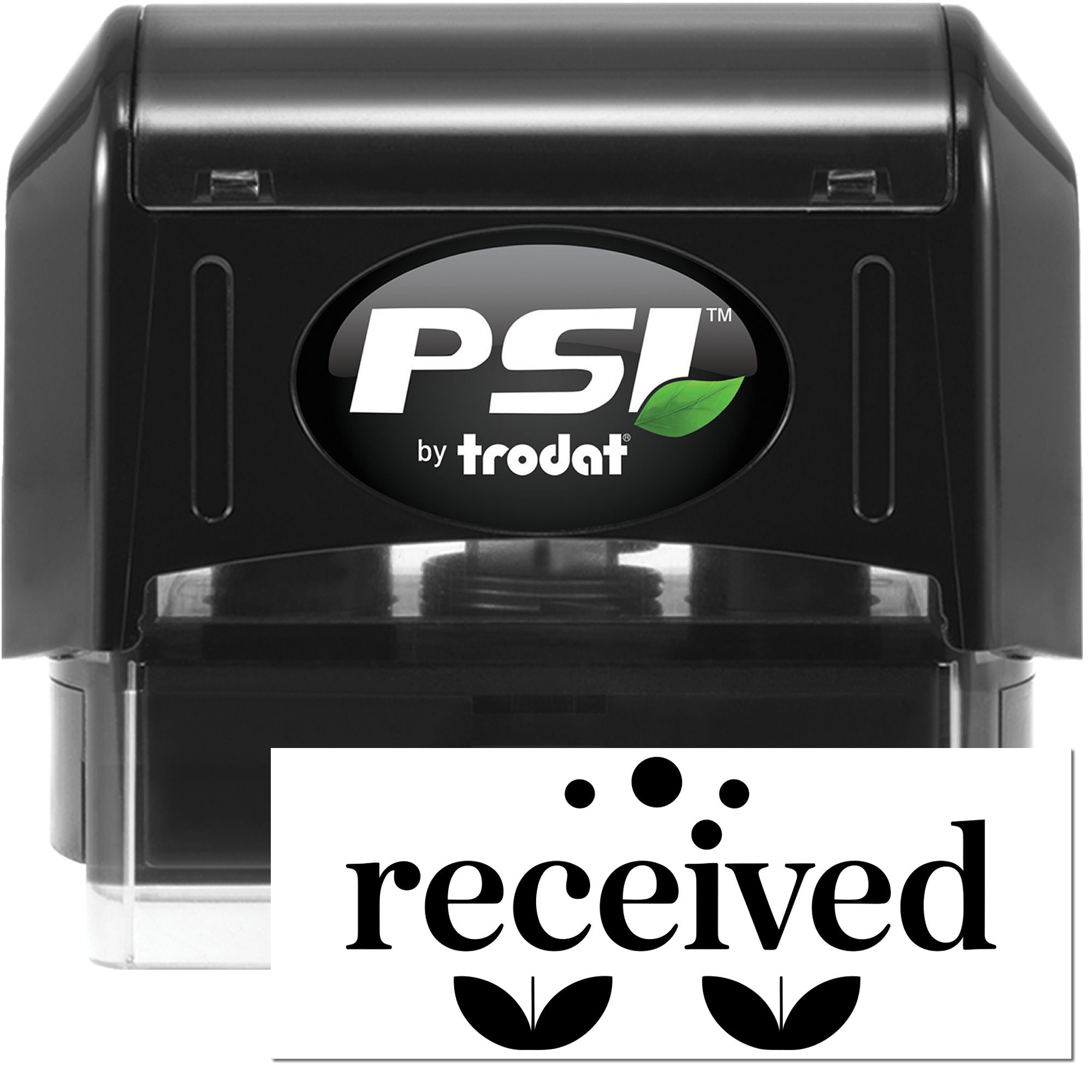 PSI by Trodat self-inking received rubber stamp for office mail and document processing, with black ink and eco leaf design.