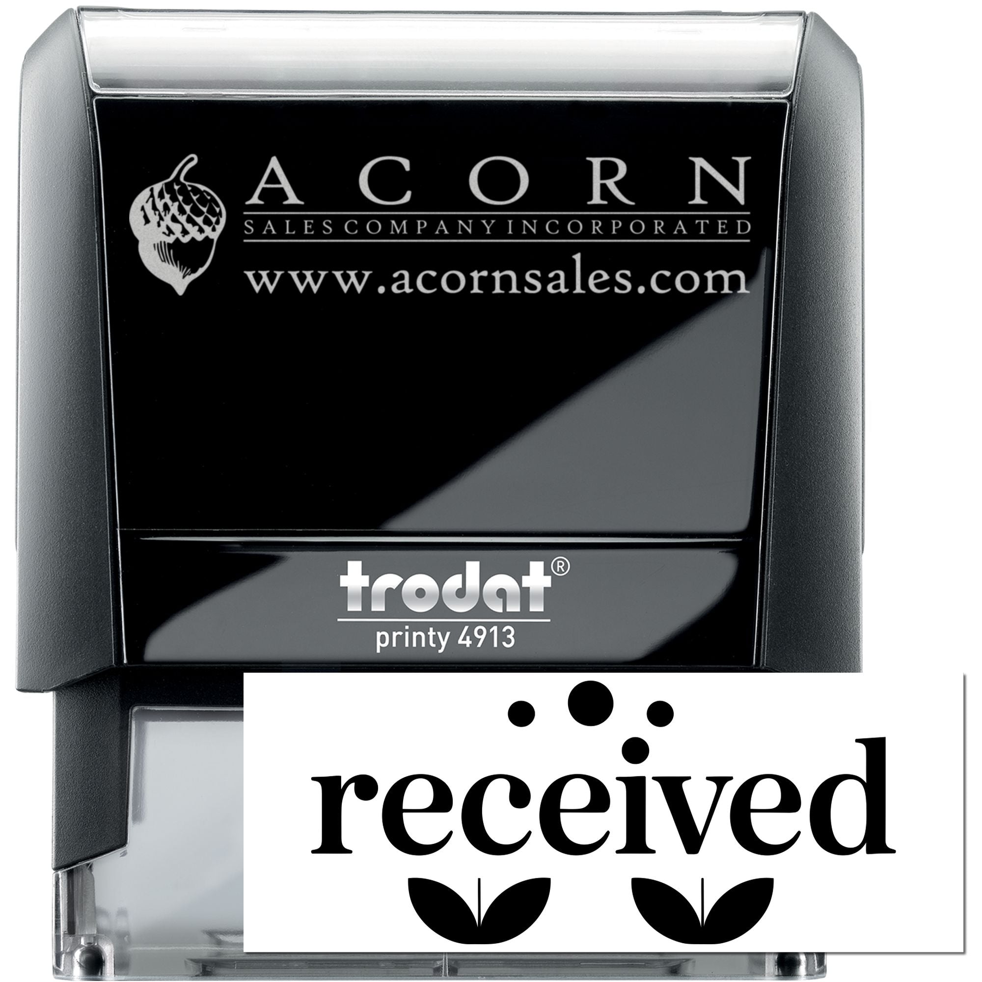 Custom self-inking rubber stamp with Acorn Sales Company logo and website, plus received imprint example.