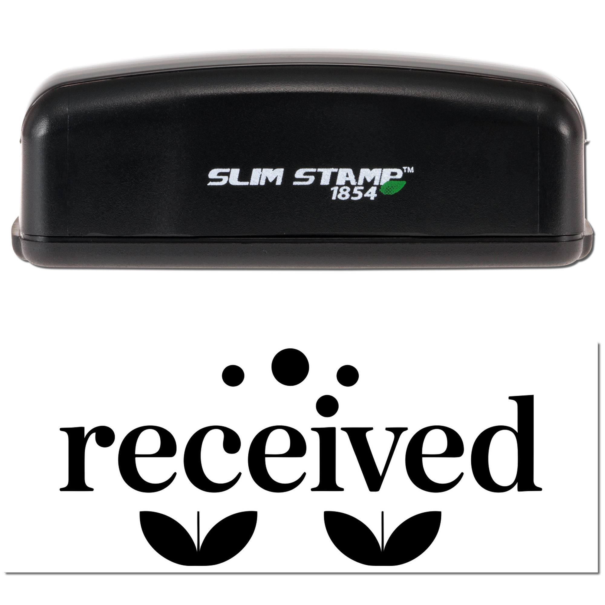 Black Slim Stamp 1854 rubber stamp showing a received imprint with decorative leaf design
