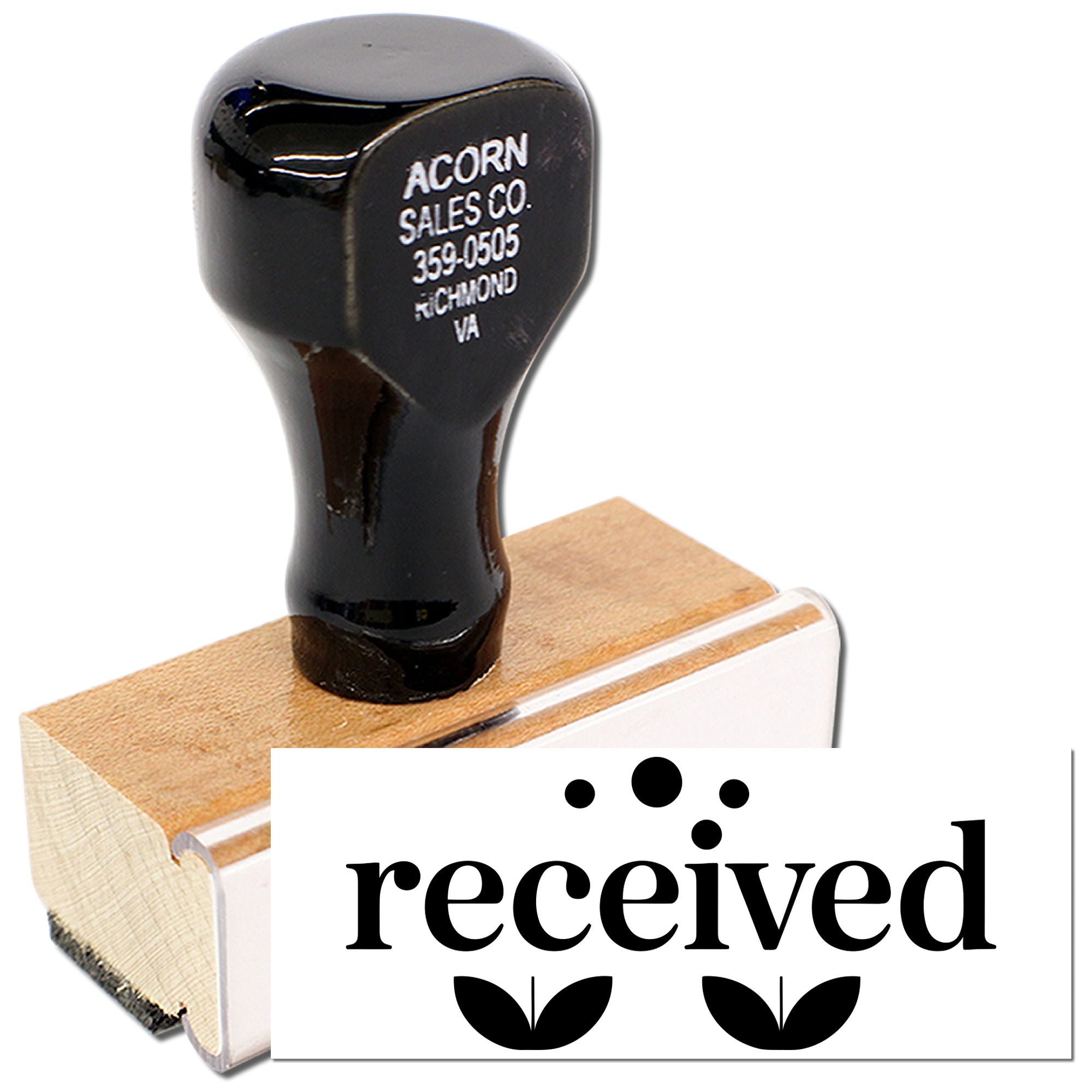 Custom received rubber stamp with wood handle, ideal for marking mail, invoices, and incoming packages.