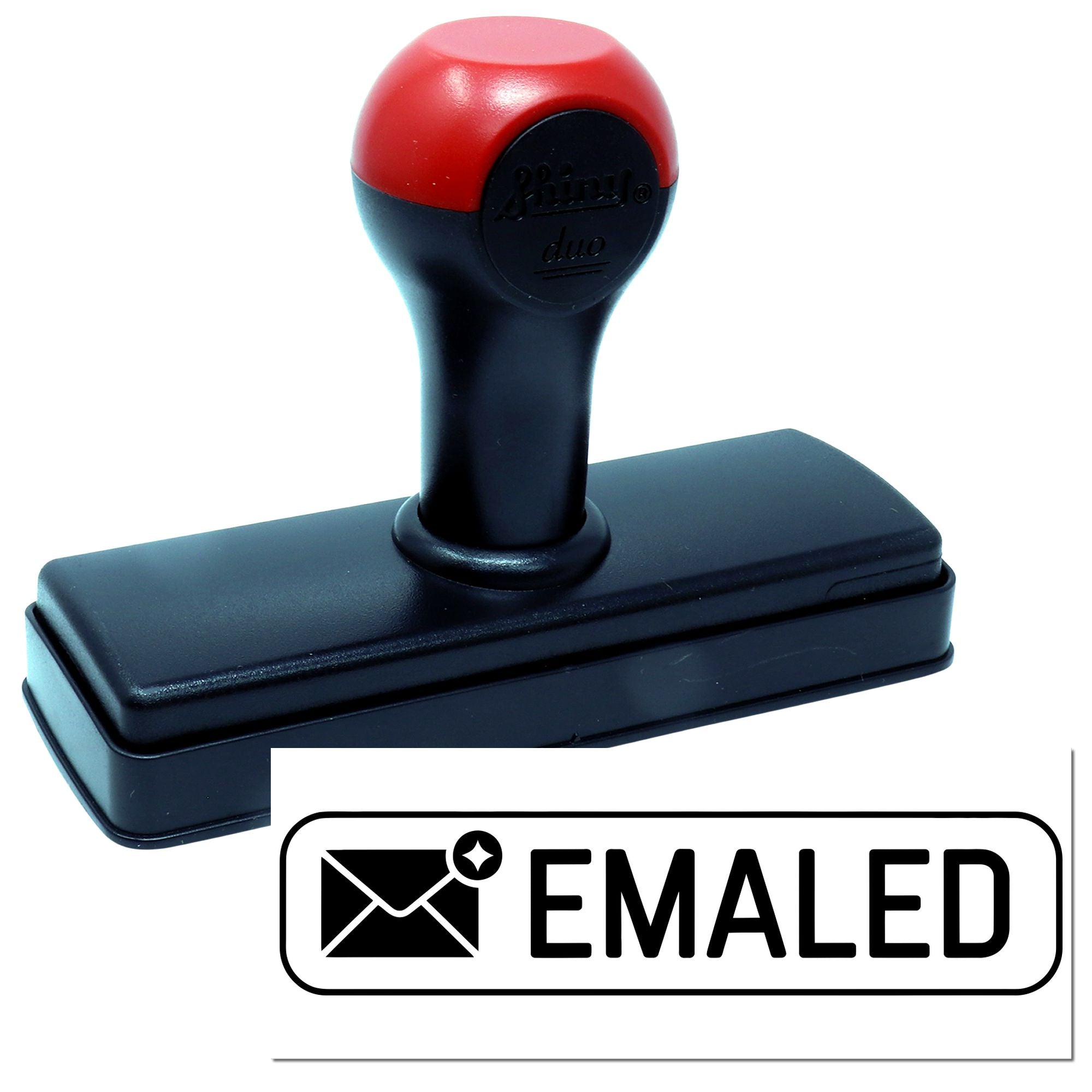 Self-inking rubber stamp with EMAILED imprint for marking documents and mail processing.