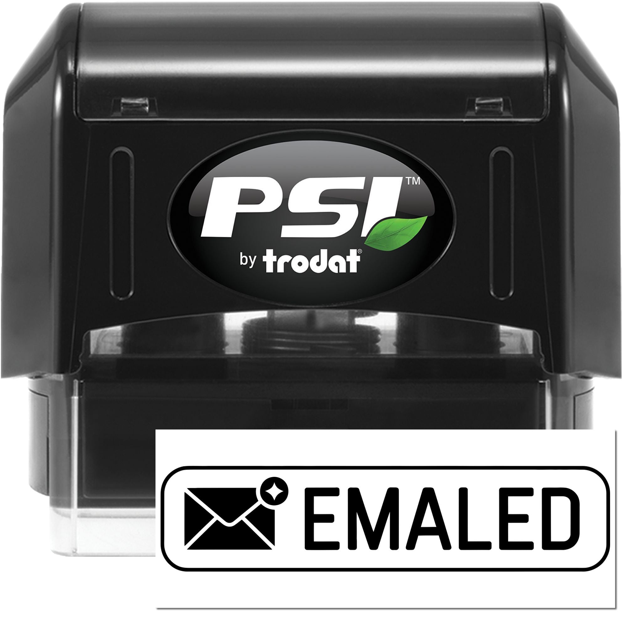 PSI by Trodat self-inking rubber stamp with EMAILED impression for office mail and document processing.