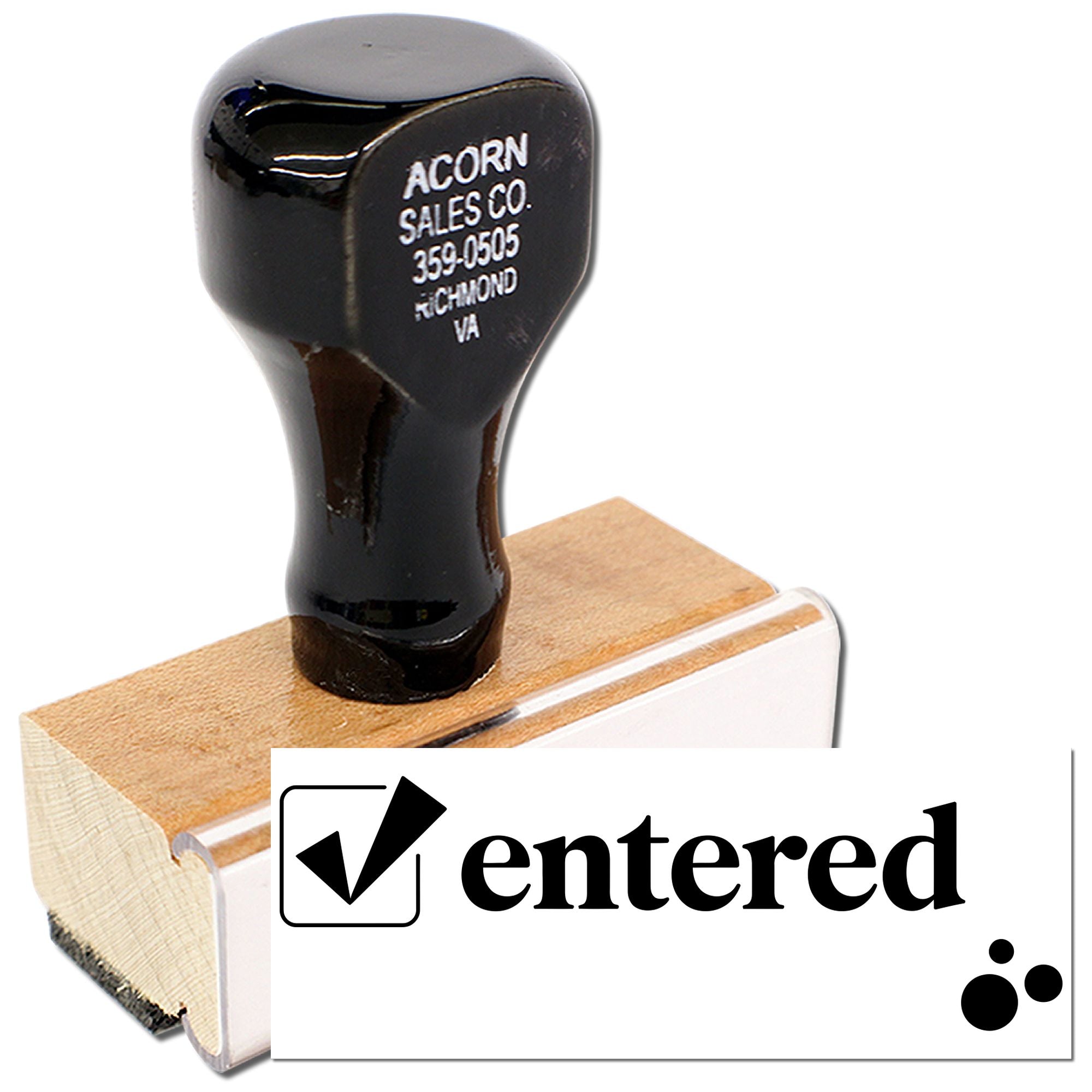 Custom wooden rubber stamp with entered checkmark design for office document marking and approval.