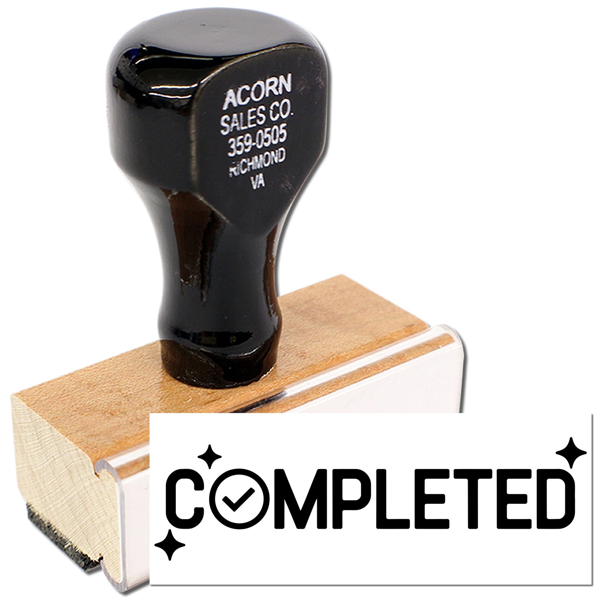 Completed rubber stamp with wooden handle for marking documents as approved, finished, or processed.