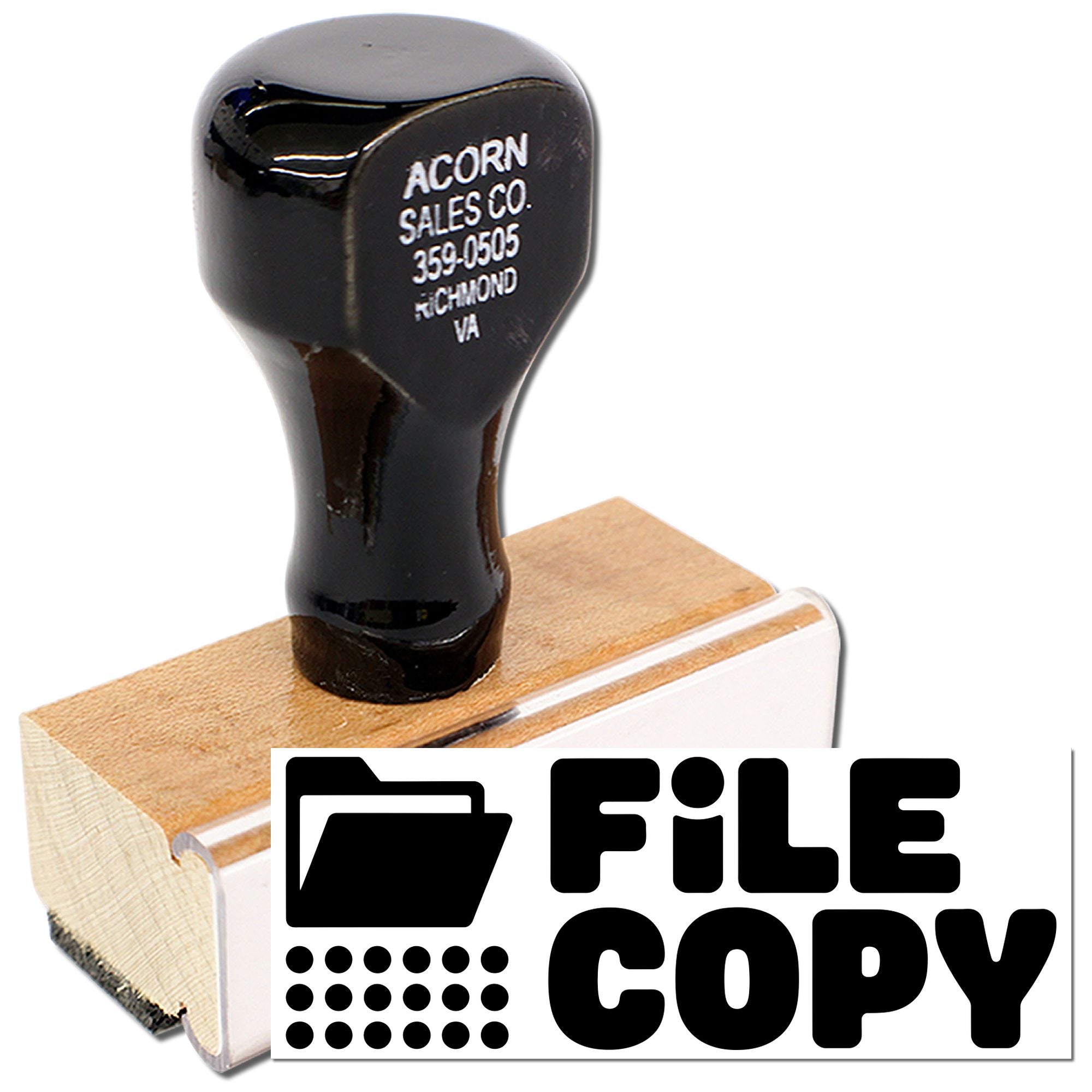File Copy rubber stamp with folder icon for office document filing and record keeping.