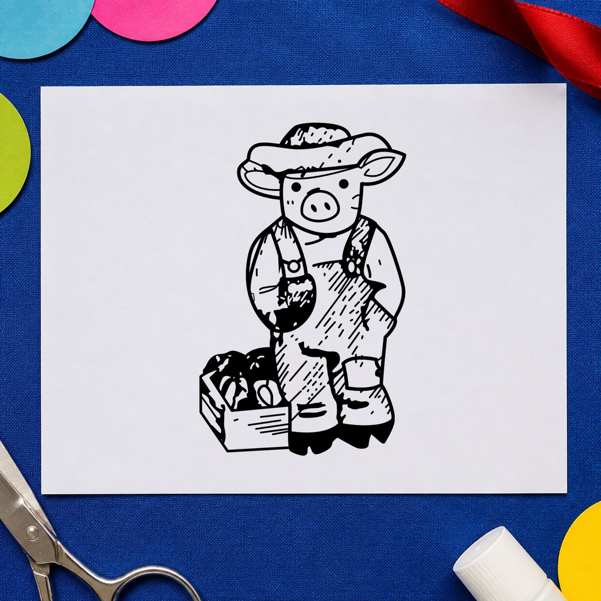 Black impression from a pig rubber stamp, featuring the farmer pig with produce design on white paper.