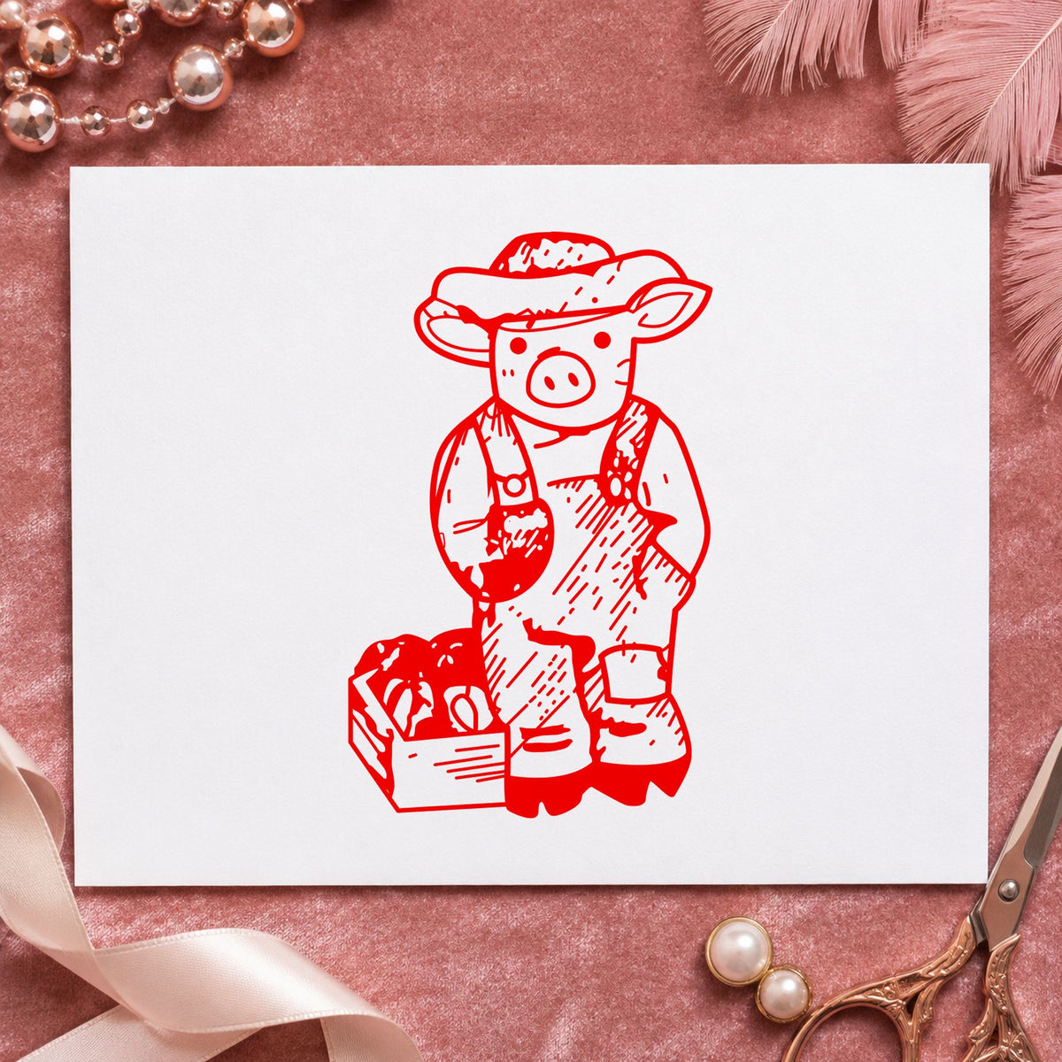 Farmer Pig with Produce Rubber Stamp impression in red ink on white paper in a styled craft setting.
