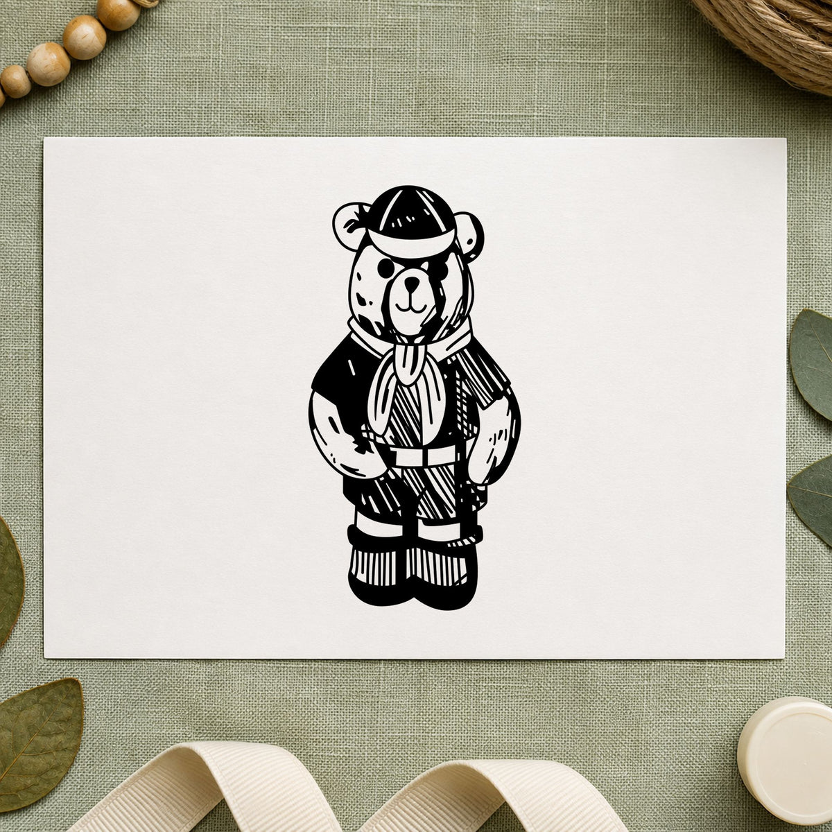 Cub Scout Bear in Uniform Rubber Stamp impression in black ink on white paper in a styled craft setting.