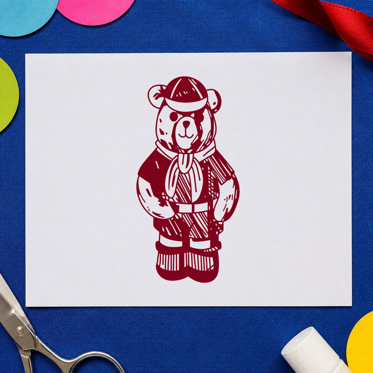 Cub Scout Bear in Uniform Rubber Stamp impression in burgundy ink on white paper in a styled craft setting.