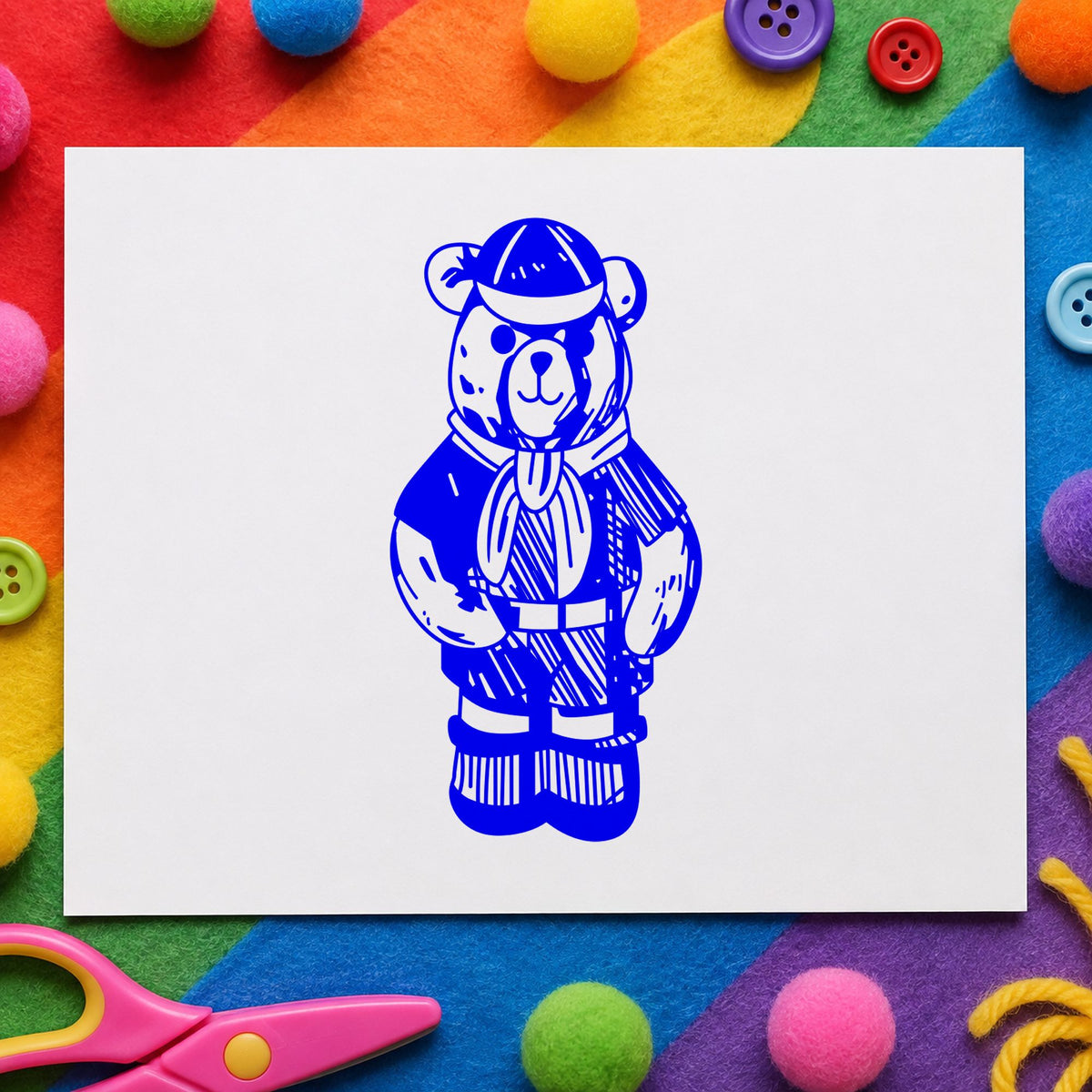 Blue achievement scrapbook stamp impression featuring the cub scout bear in uniform design on white paper.