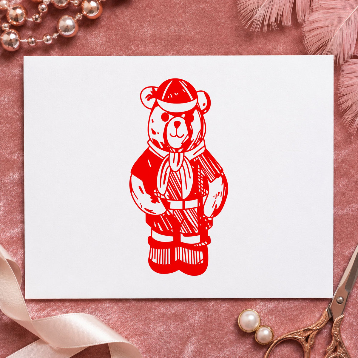 Cub Scout Bear in Uniform Rubber Stamp impression in red ink on white paper in a styled craft setting.