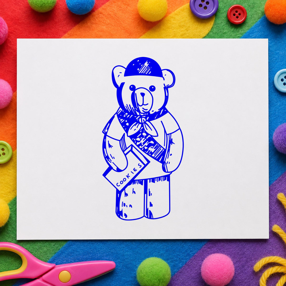 Scout Bear Rubber Stamp impression in blue ink on white paper in a styled craft setting.