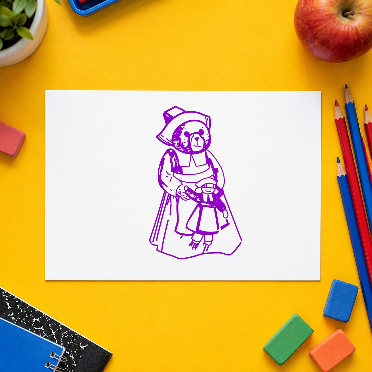 Girl Pilgrim Bear with Doll Rubber Stamp impression in purple ink on white paper in a styled craft setting.