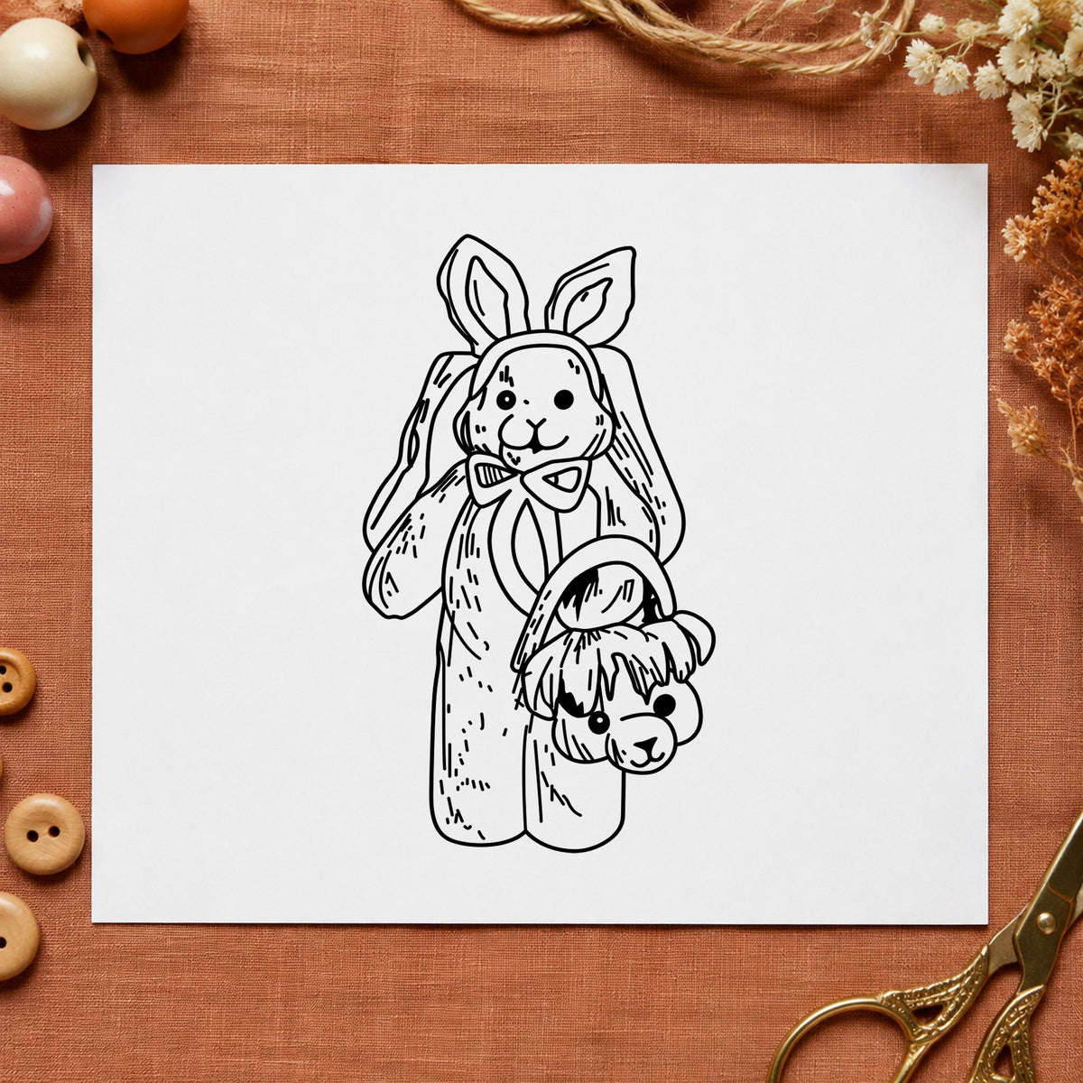 Black impression from a easter bunny stamp, featuring the bunny with bear shaped basket design on white paper.