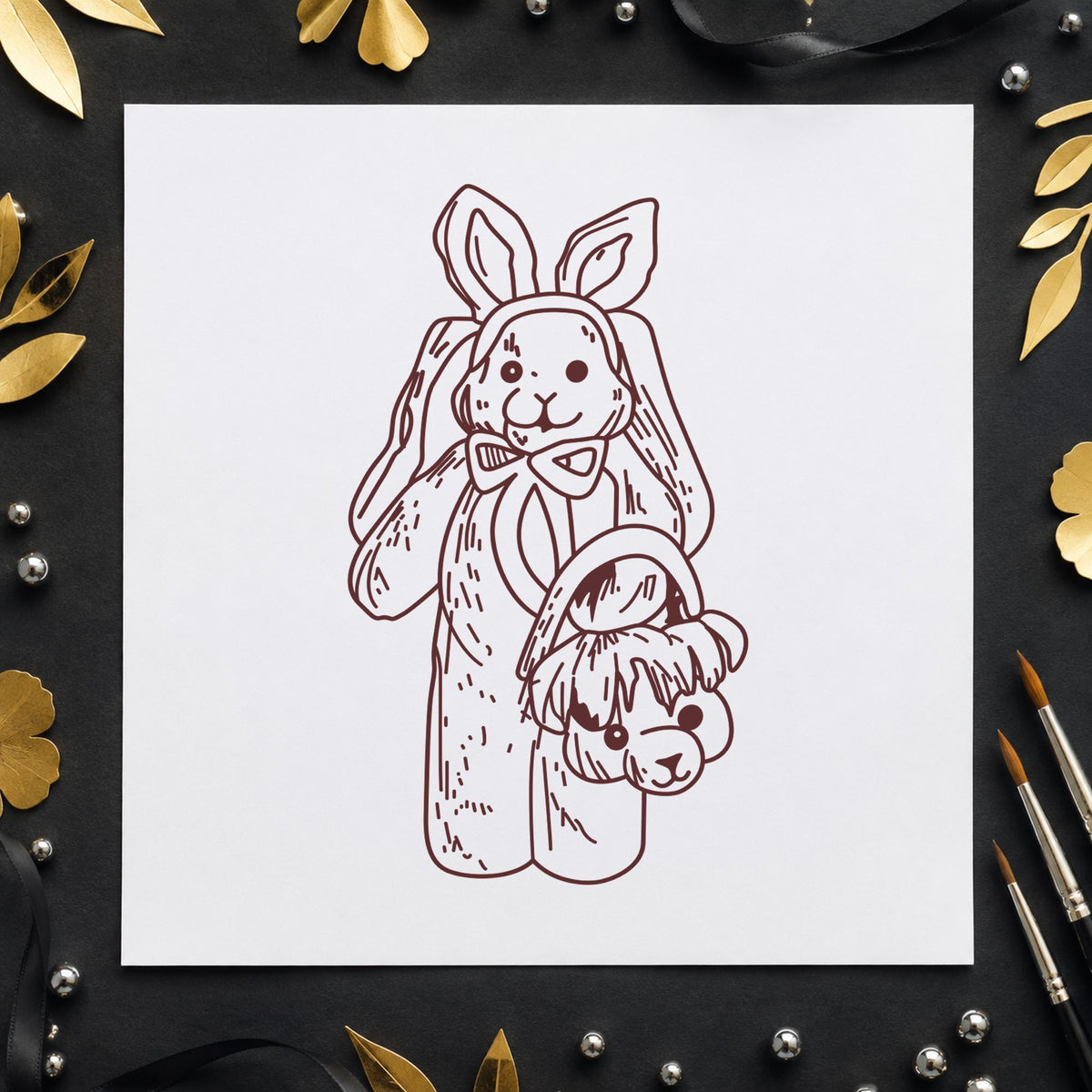 Bunny with Bear Shaped Basket Rubber Stamp impression in brown ink on white paper in a styled craft setting.