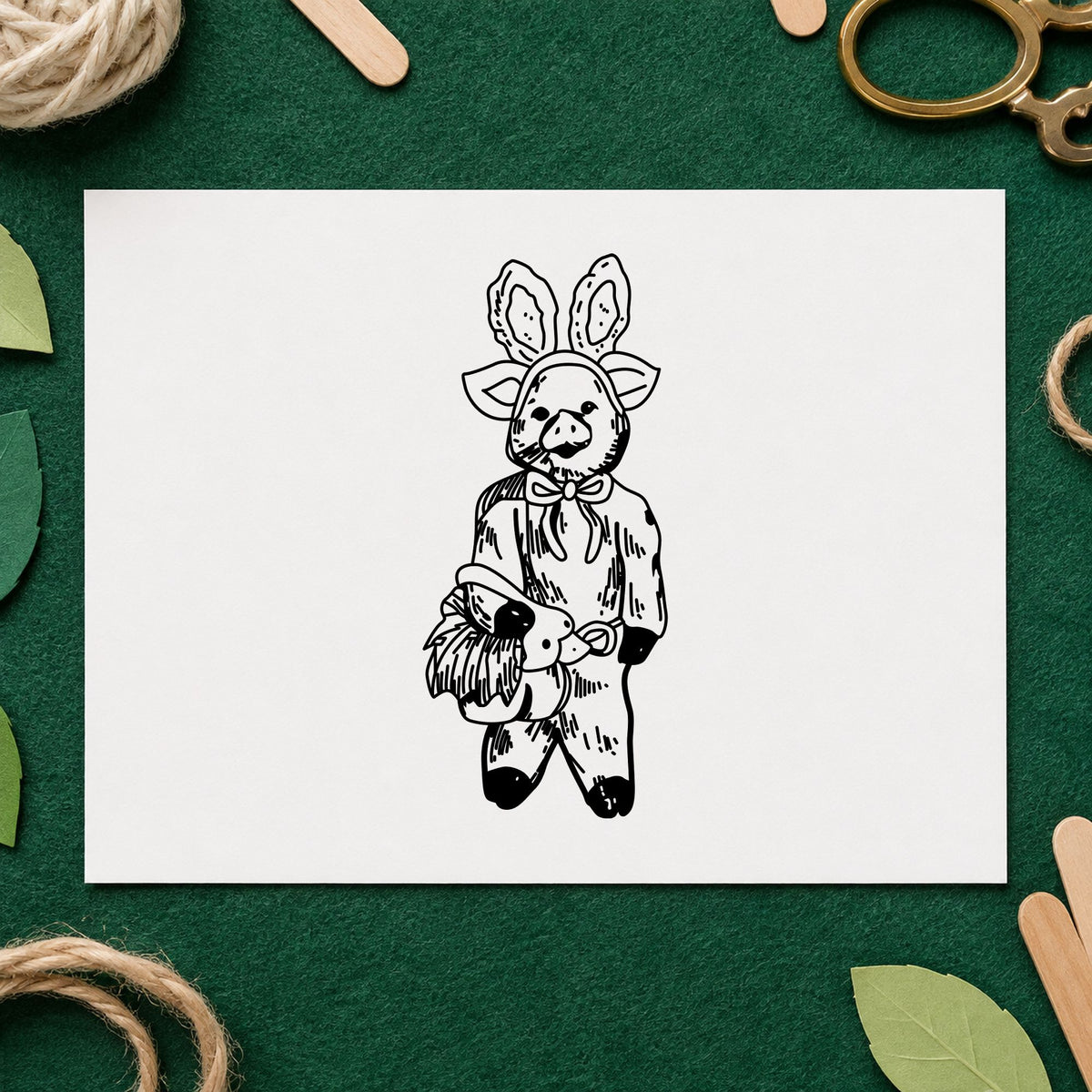 Black impression from a easter animal stamp, featuring the pig in bunny costume with basket design on white paper.