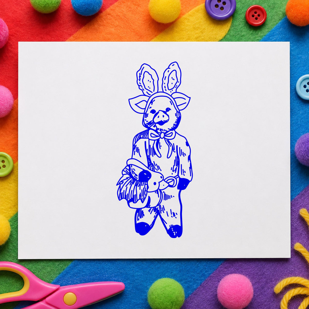 Blue bunny costume stamp impression featuring the pig in bunny costume with basket design on white paper.