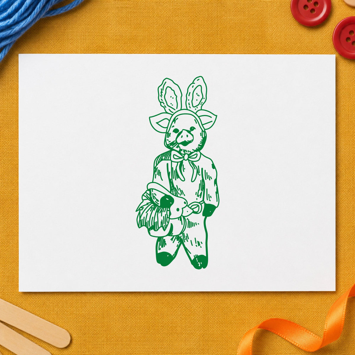 Pig in Bunny Costume with Basket Rubber Stamp impression in green ink on white paper in a styled craft setting.
