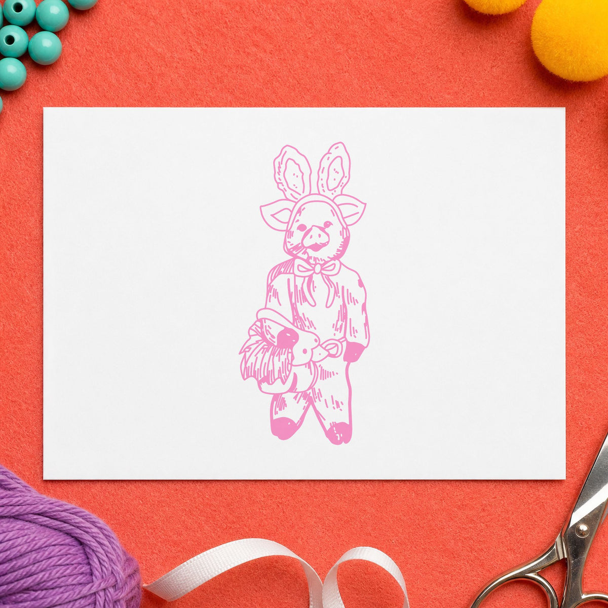 Pig in Bunny Costume with Basket Rubber Stamp impression in pink ink on white paper in a styled craft setting.