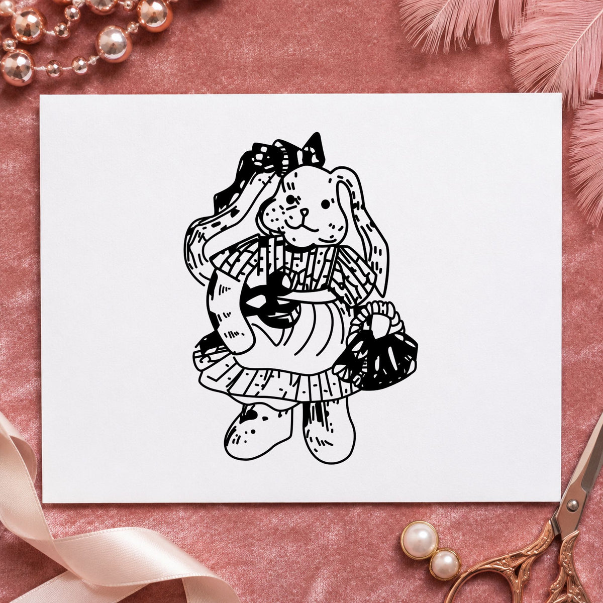 Country Bunny with Basket Rubber Stamp impression in black ink on white paper in a styled craft setting.