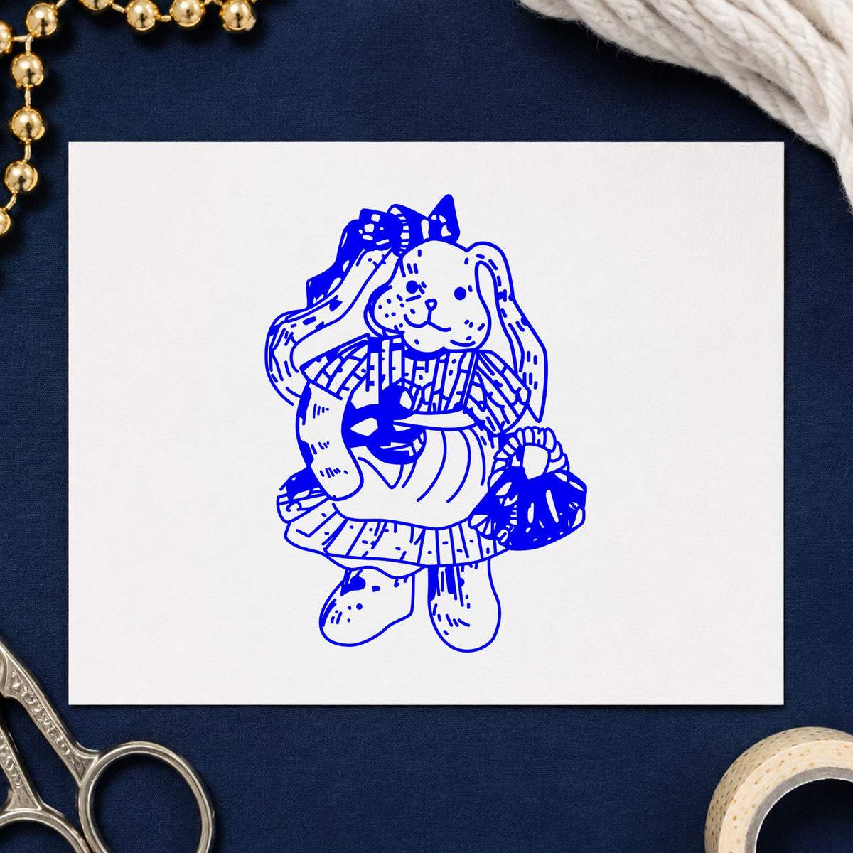 Blue easter card making stamp impression featuring the country bunny with basket design on white paper.