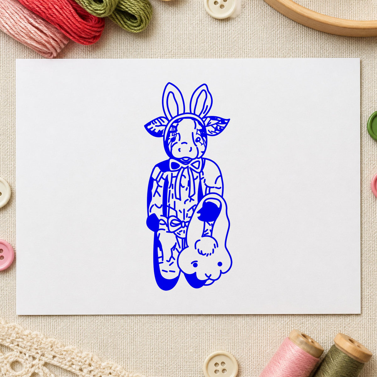 Cow in Bunny Costume with Basket Rubber Stamp impression in blue ink on white paper in a styled craft setting.