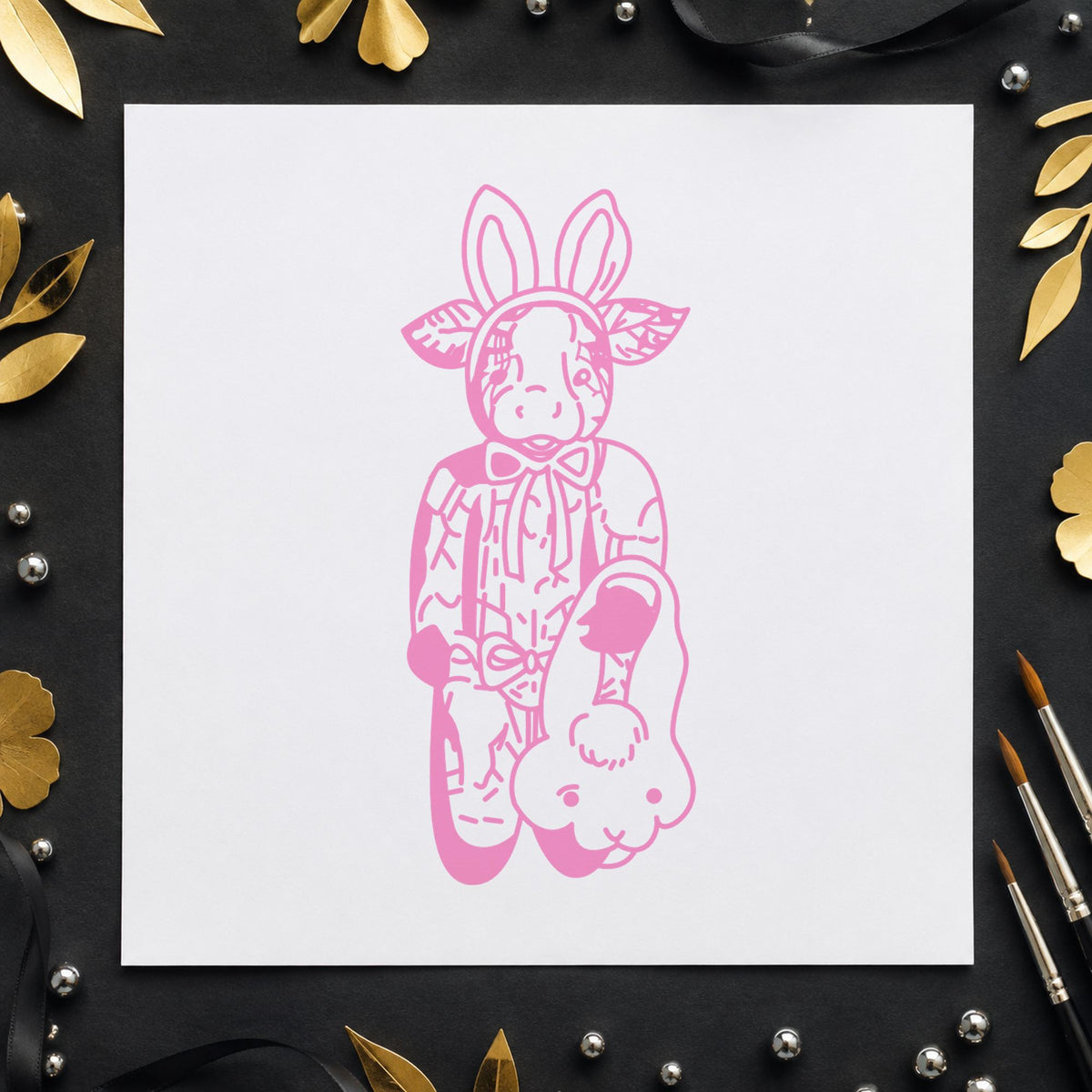 Cow in Bunny Costume with Basket Rubber Stamp impression in pink ink on white paper in a styled craft setting.