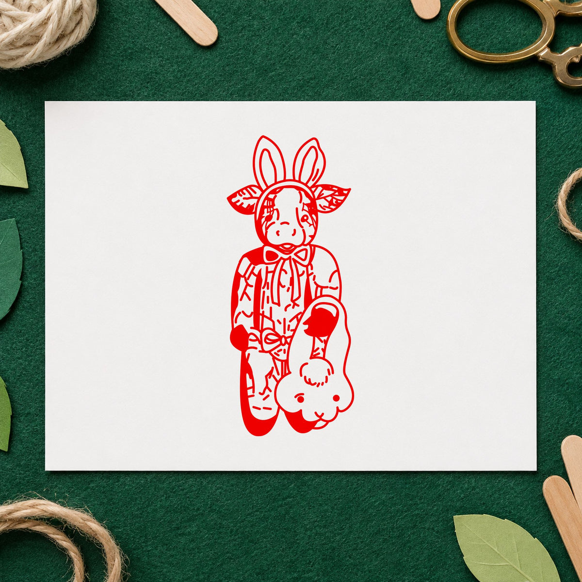 Cow in Bunny Costume with Basket Rubber Stamp impression in red ink on white paper in a styled craft setting.